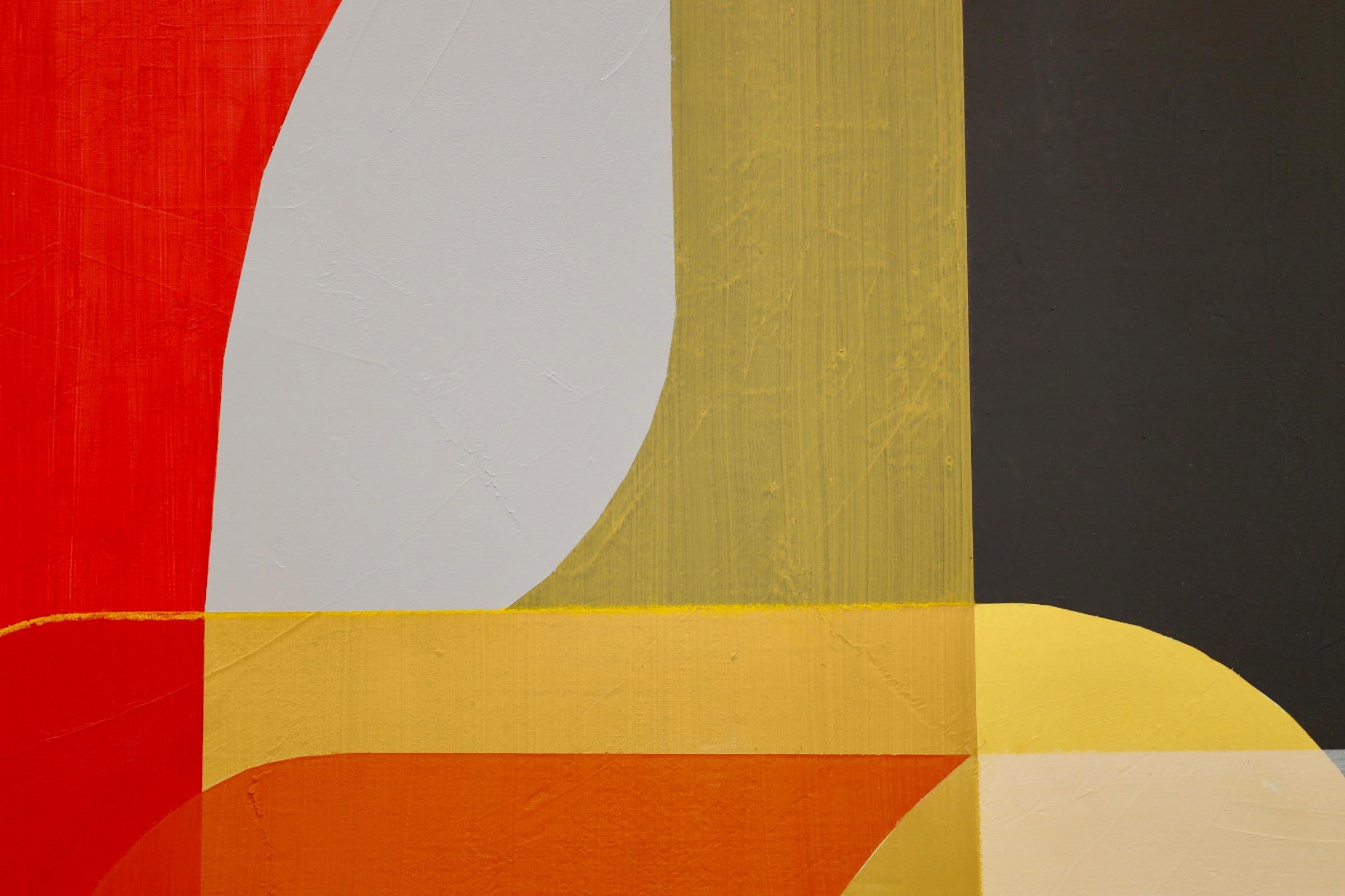 In Tricia Strickfaden’s painting, a fusion of abstraction and color unfolds before the viewer. With a nuanced understanding of mid-century modernist design principles and a mastery of color theory, Strickfaden orchestrates a composition that