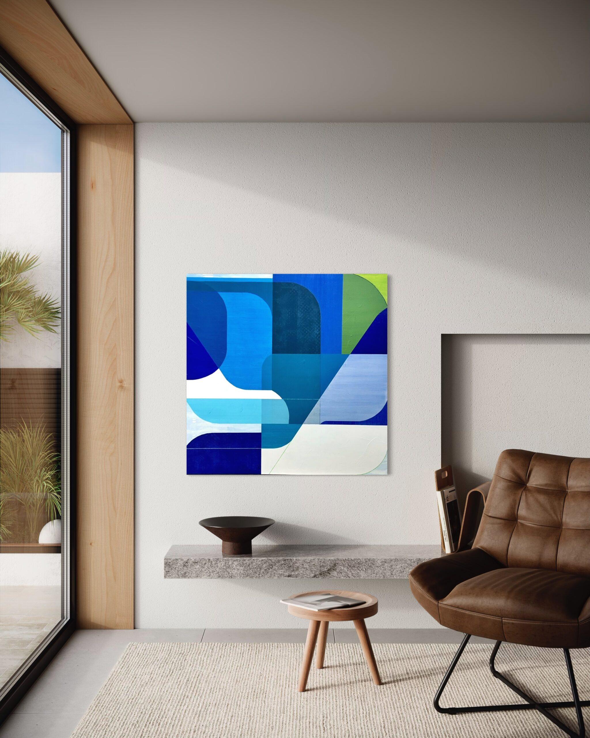 Here, Strickfaden skillfully employs a palette featuring nuanced shades of blues, greens, and whites, conjuring imagery reminiscent of cool blue pools under the warmth of Southern California’s sun. Executed with a discerning blend of design and