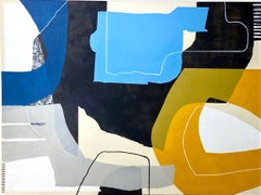 Saffron Organika- Abstract Painting Black, blue, yellow, Mid century modern