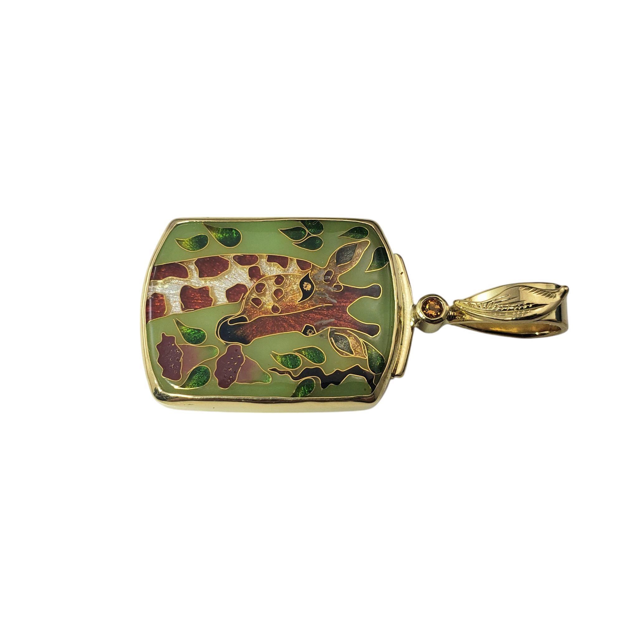 Tricia Young 18K Yellow Gold Enameled Giraffe Pendant-

This finely crafted piece features intricate cloissone enamel work on solid 18K yellow gold. The pendant showcases a detailed depiction of a colorful giraffe, highlighting Tricia Young's