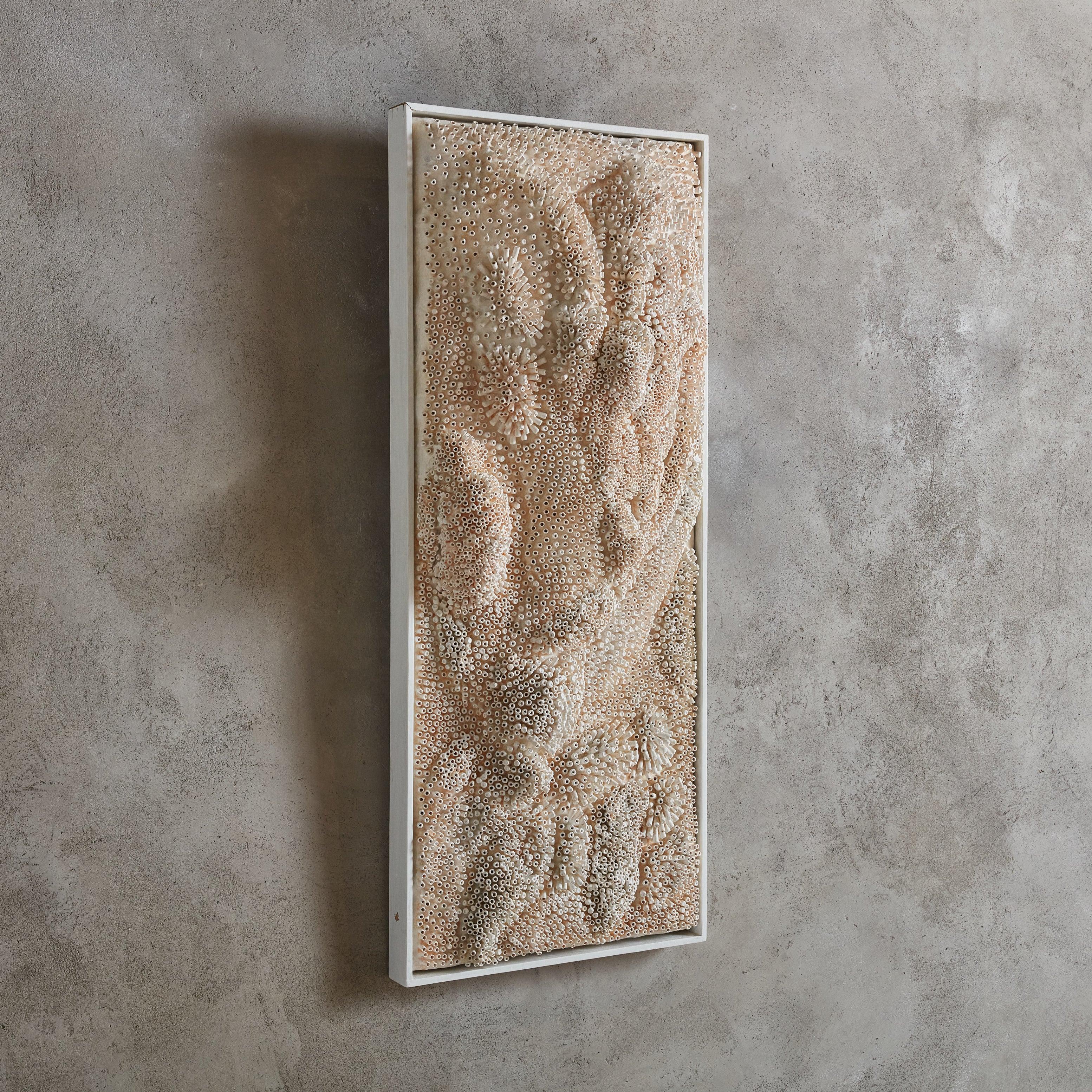 A textural rectangular wall sculpture made from paper tubes, foam, aqua resin, and acrylic on panel by Canadian artist Erin Vincent. Signed and dated en verso. Hanging hardware included.

Erin Vincent is a Canadian artist who creates sculptural wall