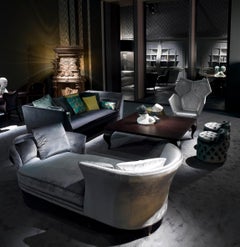 TRICLINIA Gray Upholstered Dormeause in Velvet with Brass Tips and Walnut