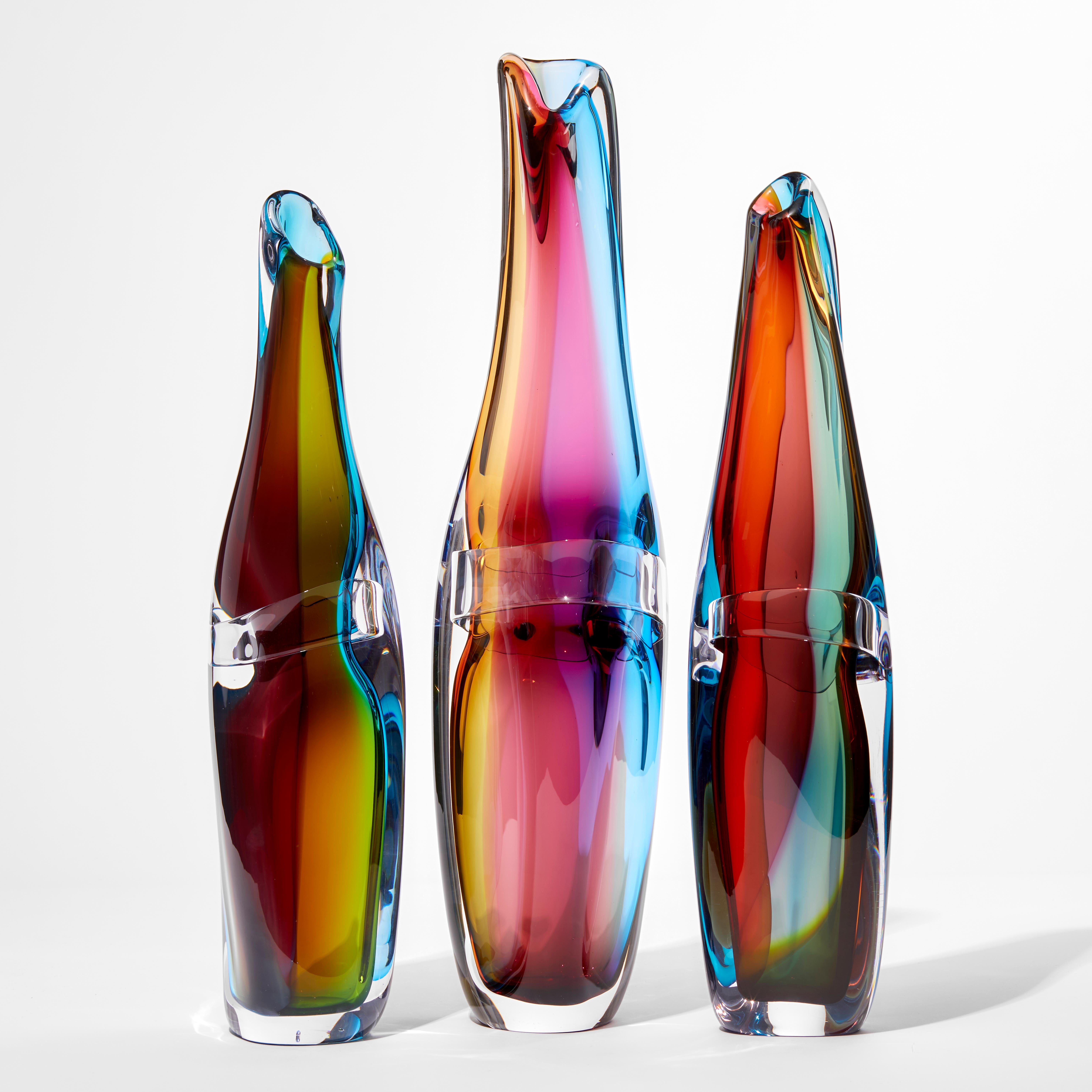 Contemporary Tricolarial 18, a Unique Amber, Red, Purple & Blue Glass Vase by Vic Bamforth