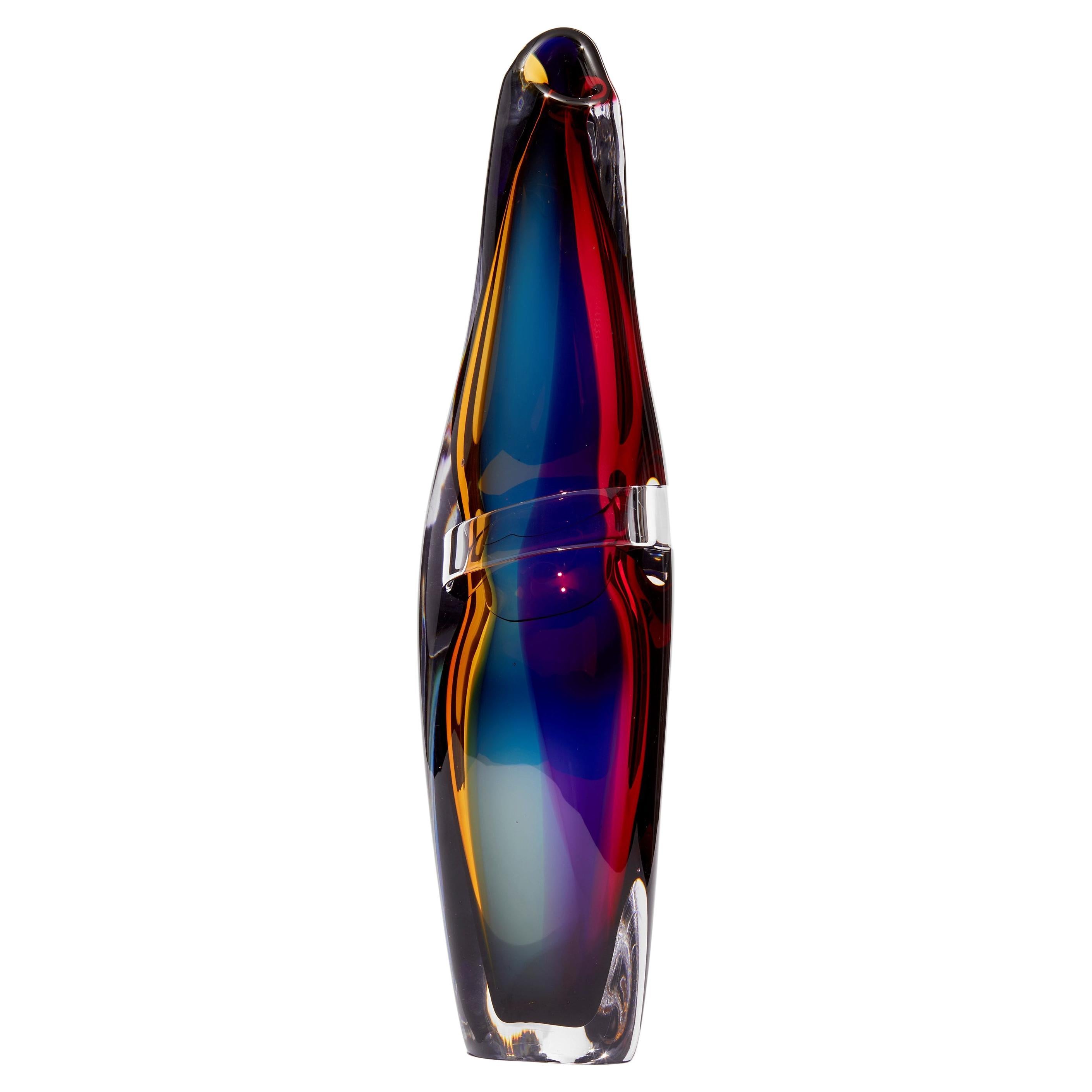 Tricolarial 37, a Unique Amber, Red, Purple & Blue Glass Vase by Vic Bamforth For Sale