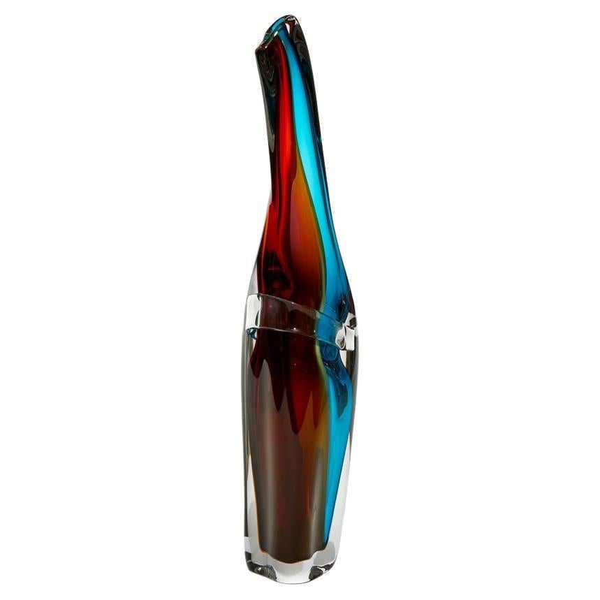 Tricolarial 56, a glass blue, red, dark amber & lime glass vase by Vic Bamforth