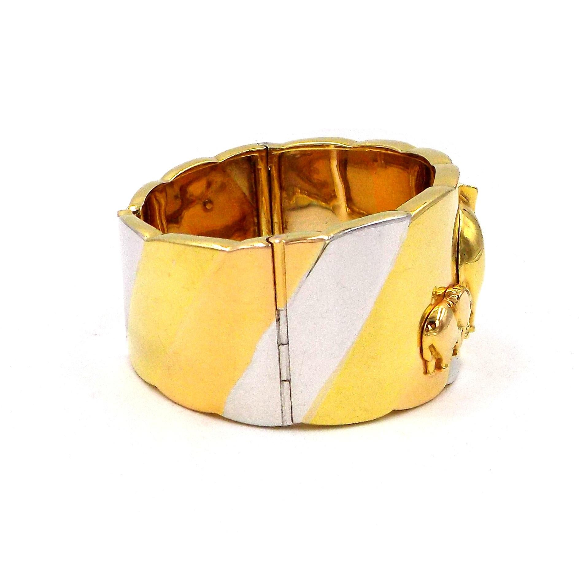 Tricolor 18K Gold Diamond Elephant Cuff Bracelet In Good Condition In New York, NY