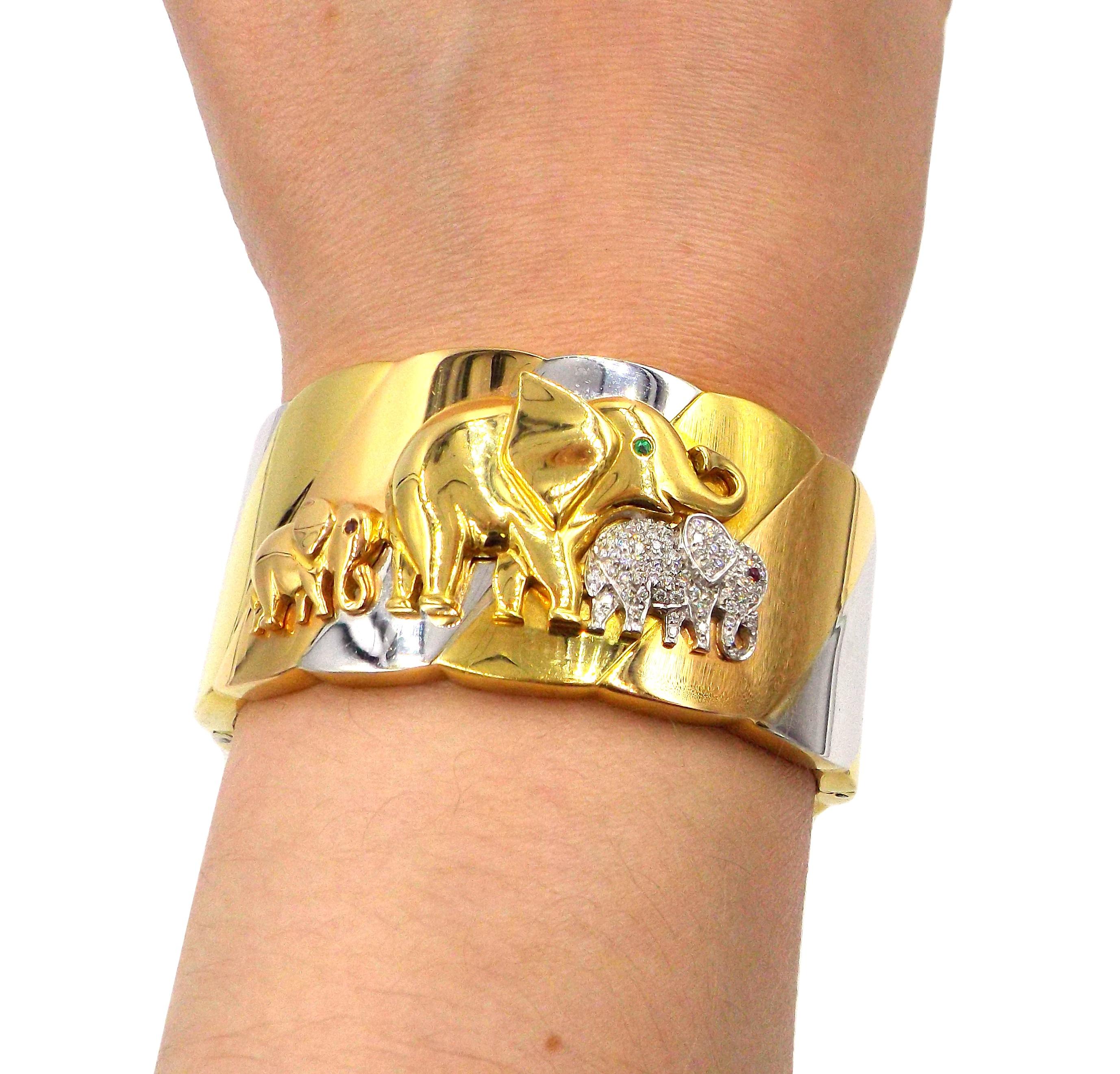 Women's Tricolor 18K Gold Diamond Elephant Cuff Bracelet