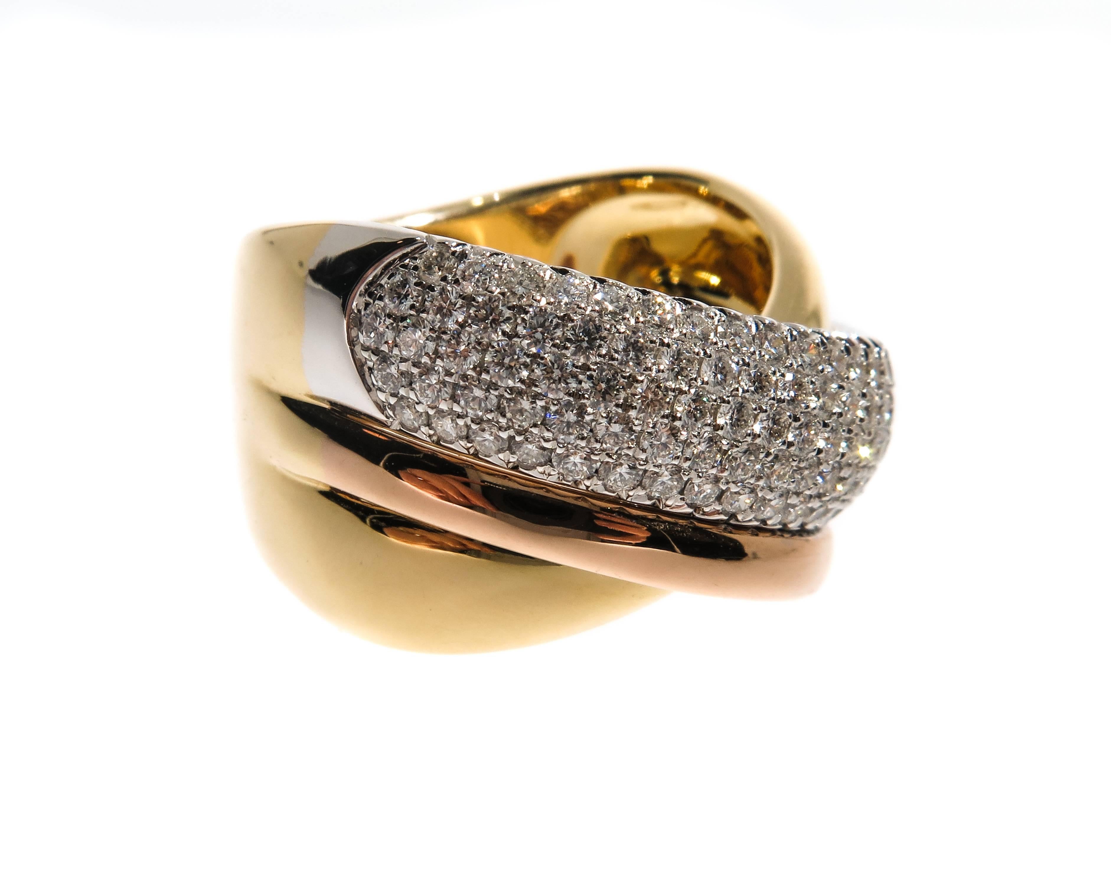 The attention to detail in this dramatic creation,  and the unrelenting pursuit of perfection is what sets our ring designs apart from the pack. Expertly crafted in 18k gold combining yellow, rose and featuring as main focus a white gold perfectly