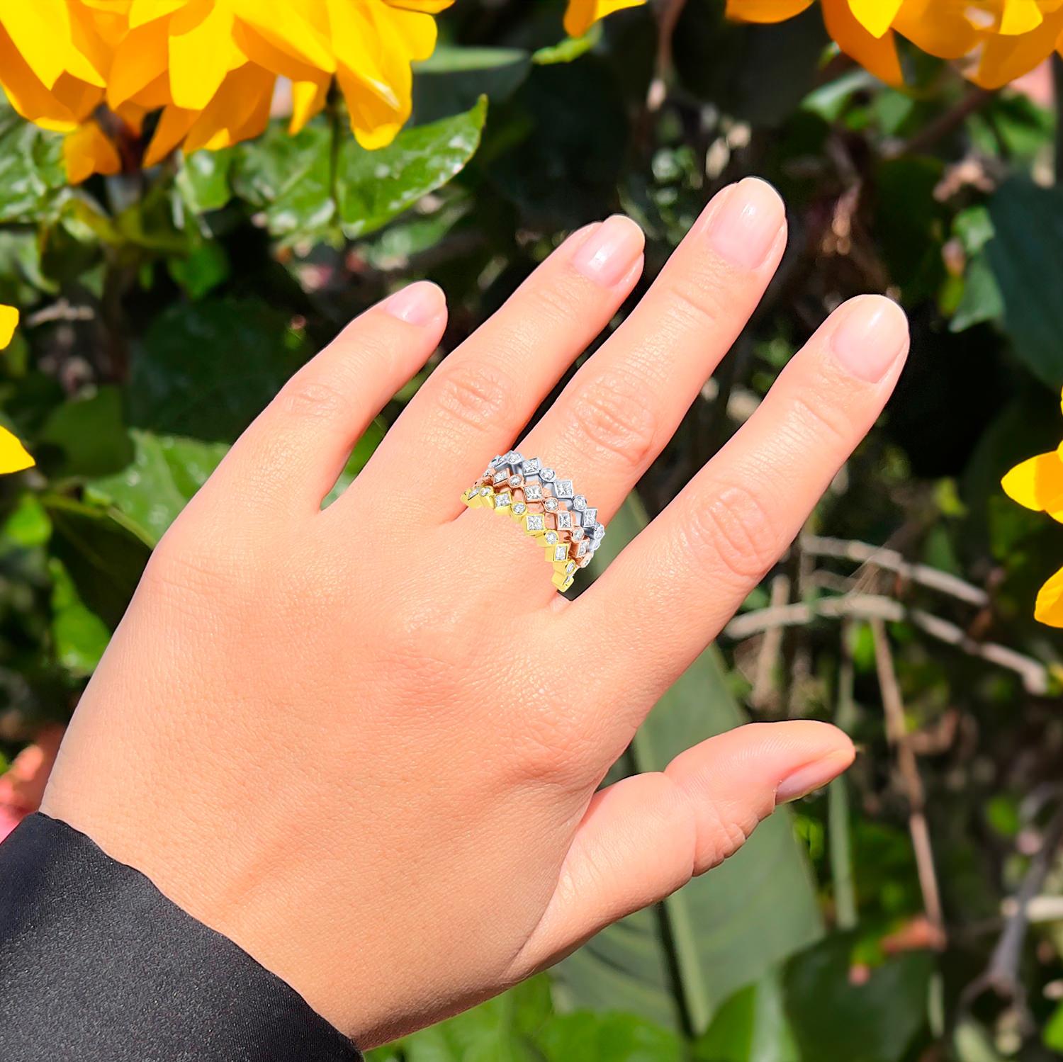 Contemporary Tricolor Eternity Diamond Band Ring 3.17 Carats 18K Gold For Sale