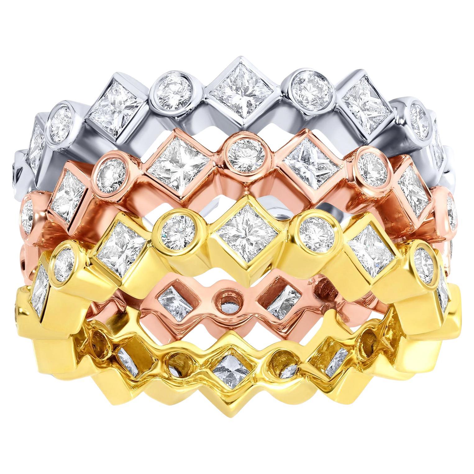 Tricolor Eternity Diamond Band Ring 3.17 Carats 18K Gold