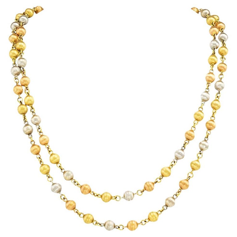 Tricolor Gold Bead Long Necklace For Sale at 1stDibs