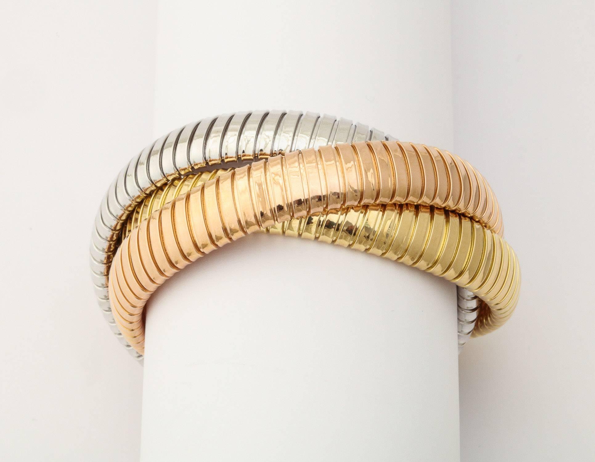 Tricolor Gold Tubogas Rolling Bracelet In New Condition In New York, NY