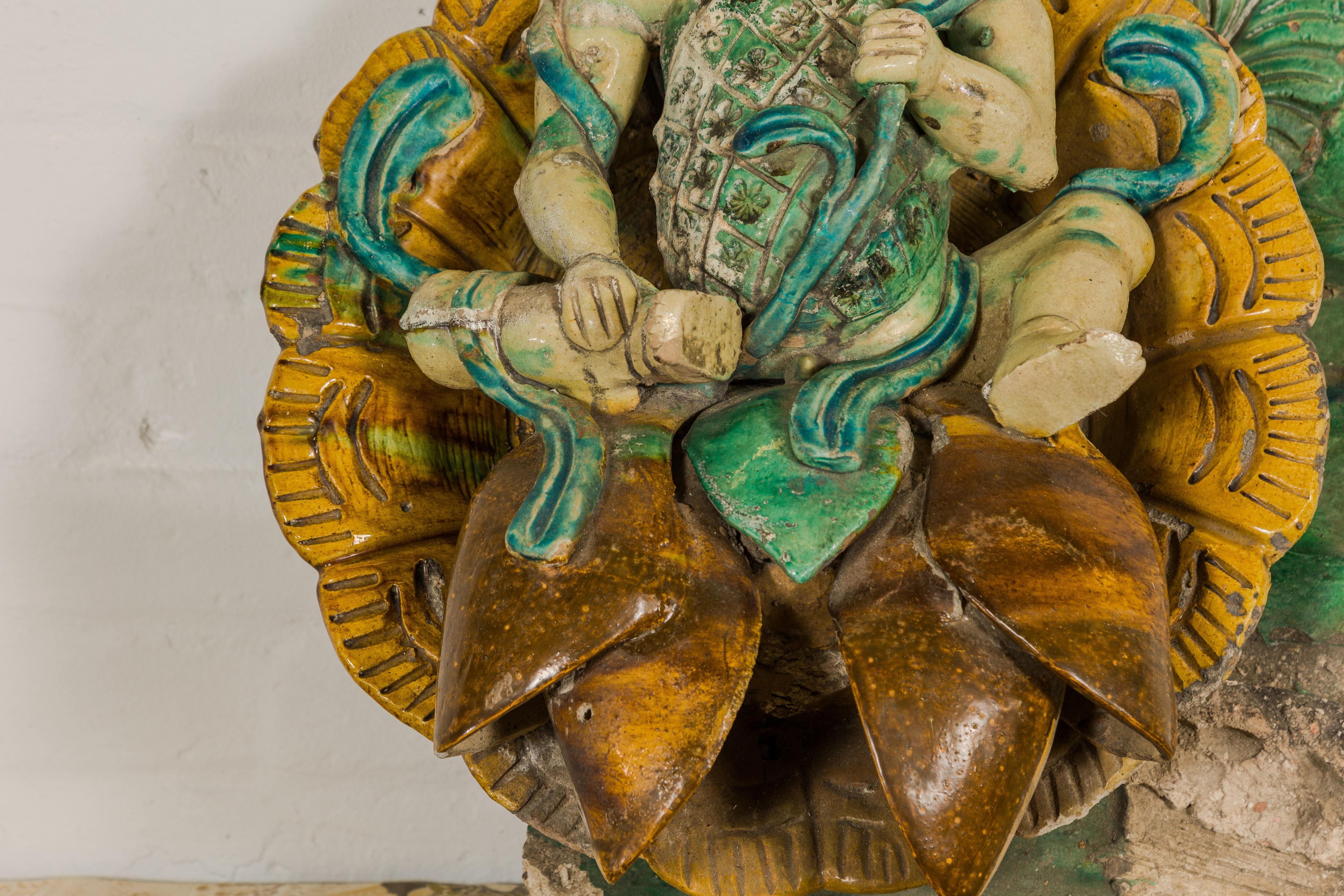19th Century Tricolor Green, Turquoise and Yellow Qing Dynasty Roof Fragment from Temple For Sale