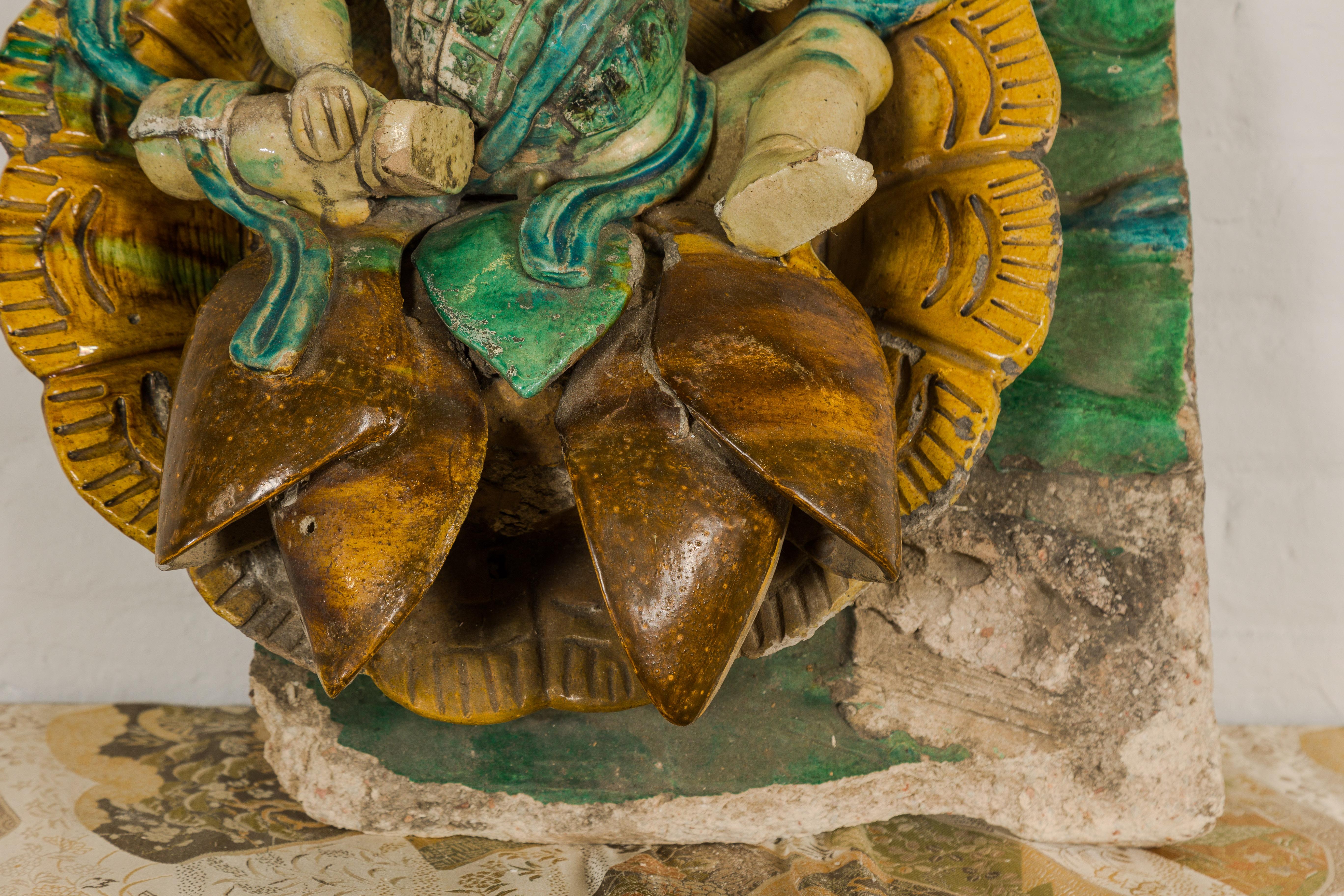 Ceramic Tricolor Green, Turquoise and Yellow Qing Dynasty Roof Fragment from Temple For Sale