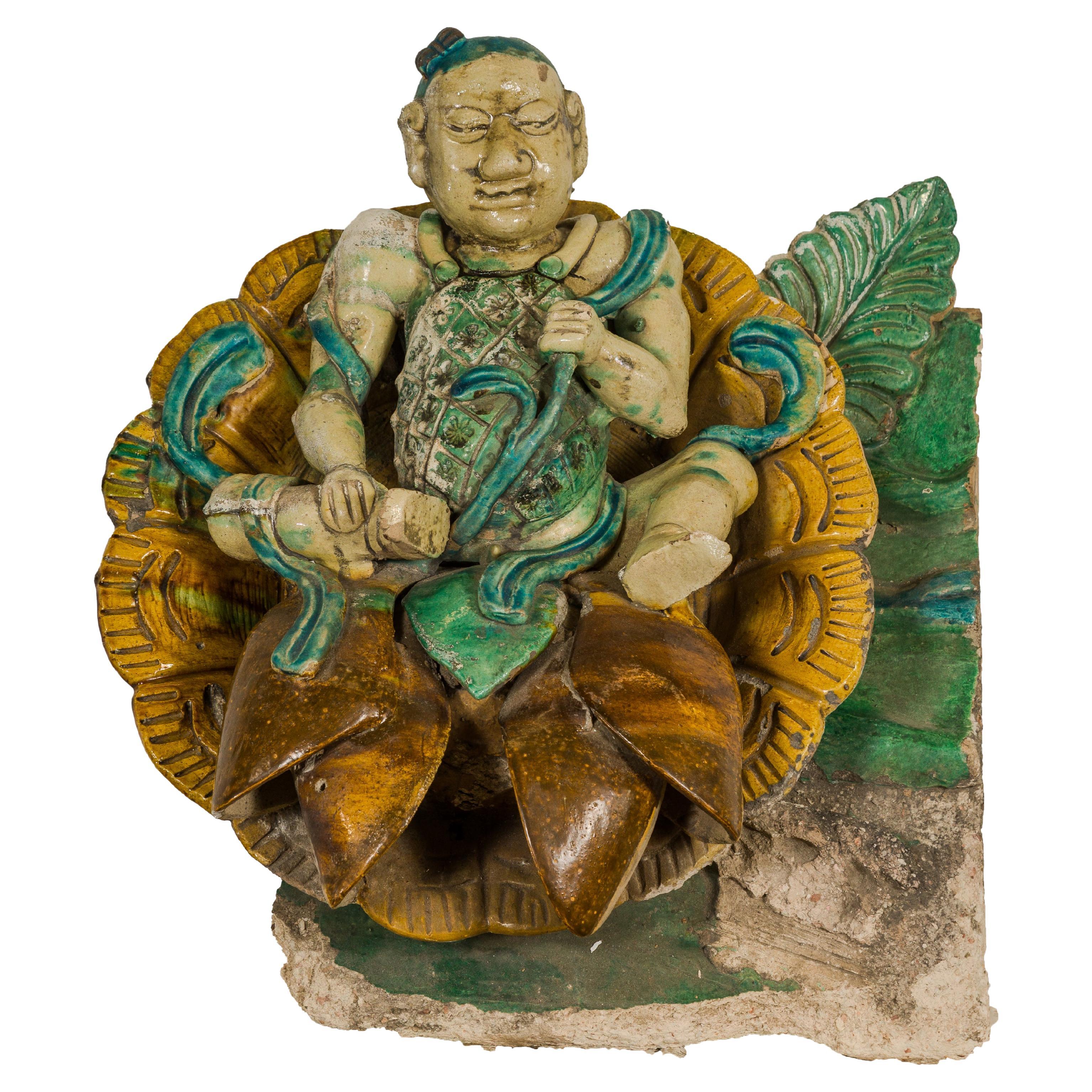 Tricolor Green, Turquoise and Yellow Qing Dynasty Roof Fragment from Temple For Sale