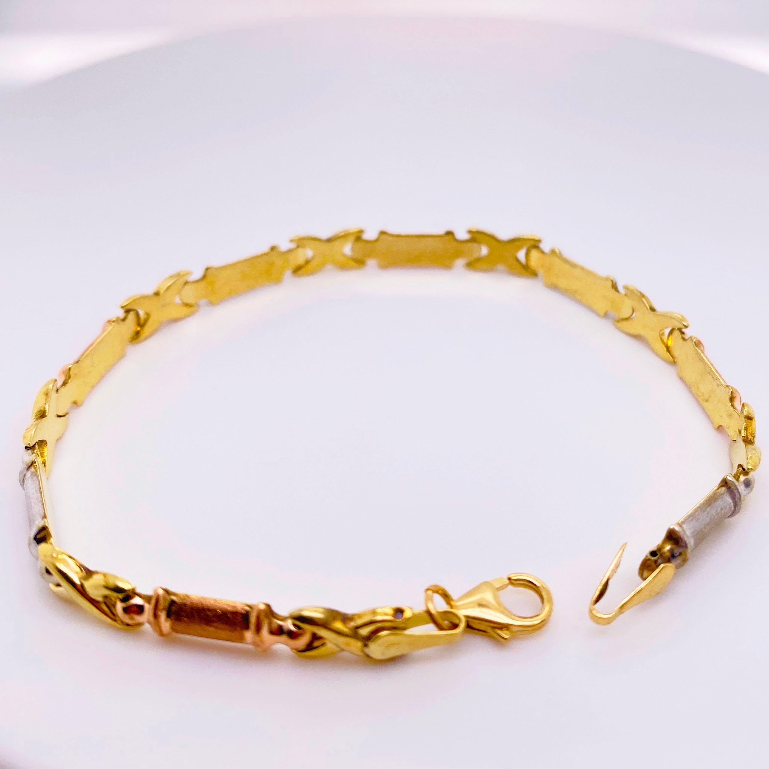 Retro Tricolor Infinity Bracelet, Solid Gold Yellow Gold, White Gold, and Rose Gold