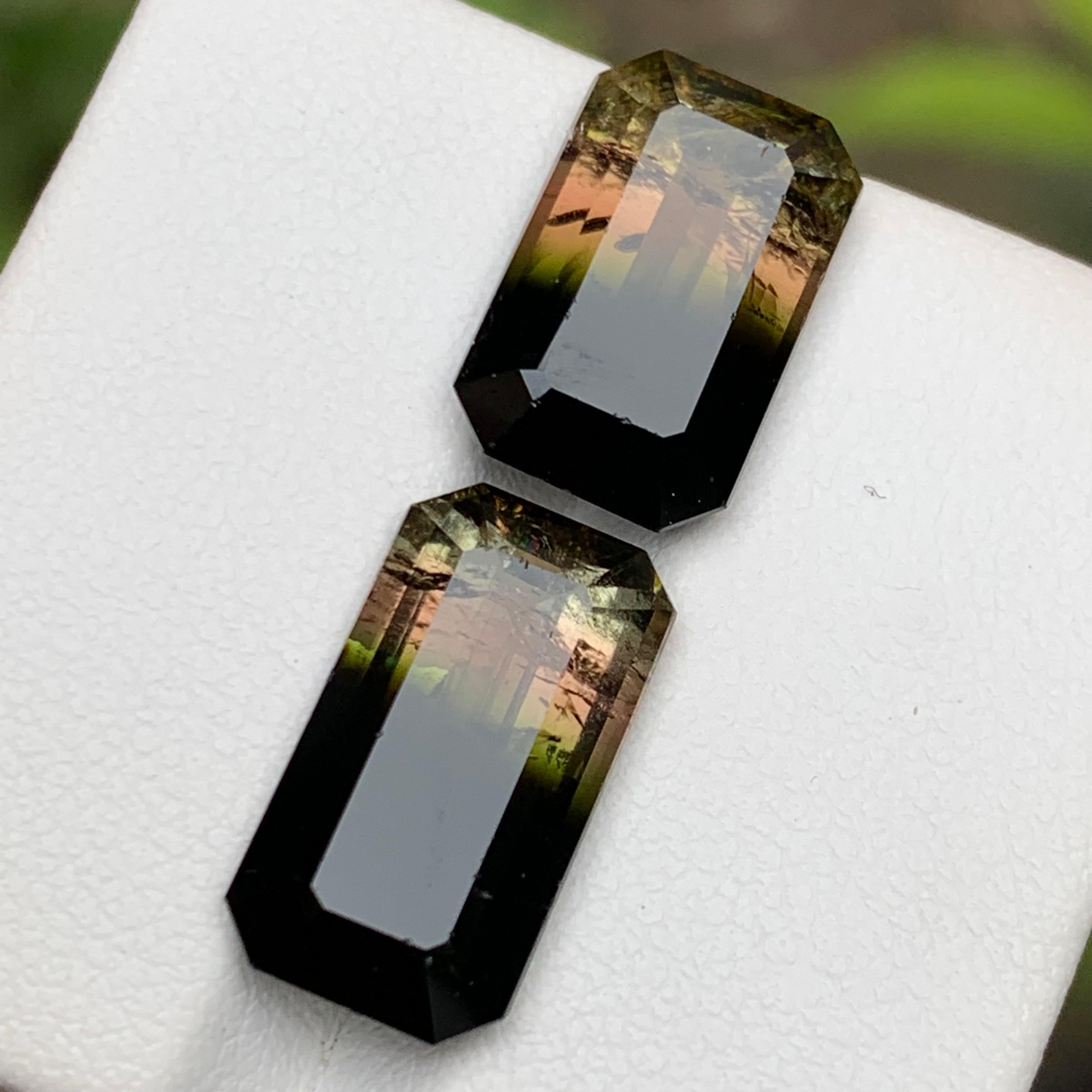 Contemporain Pierres précieuses tourmaline naturelle tricolore taille émeraude 11.95 carats  Boucles d'oreilles, Bijoux en vente
