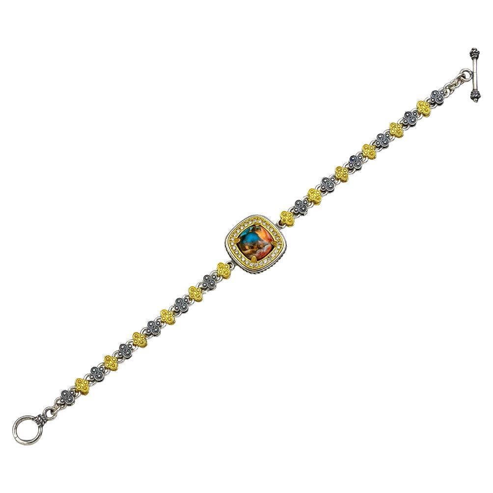 Tricolor Silver Bracelet with Mosaic Gemstone, Dimitrios Exclusive B83-2 For Sale