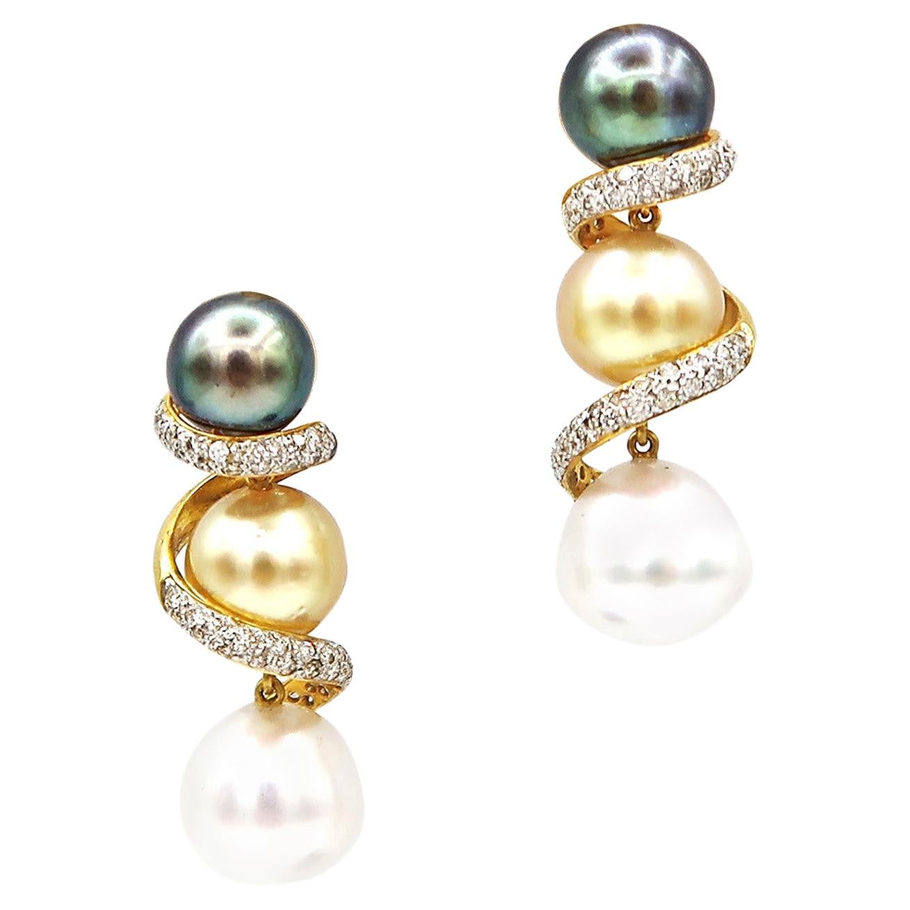 Tricolor Tahitian Gold White South Sea Pearl Drop Earrings Diamond Pavé Spiral For Sale
