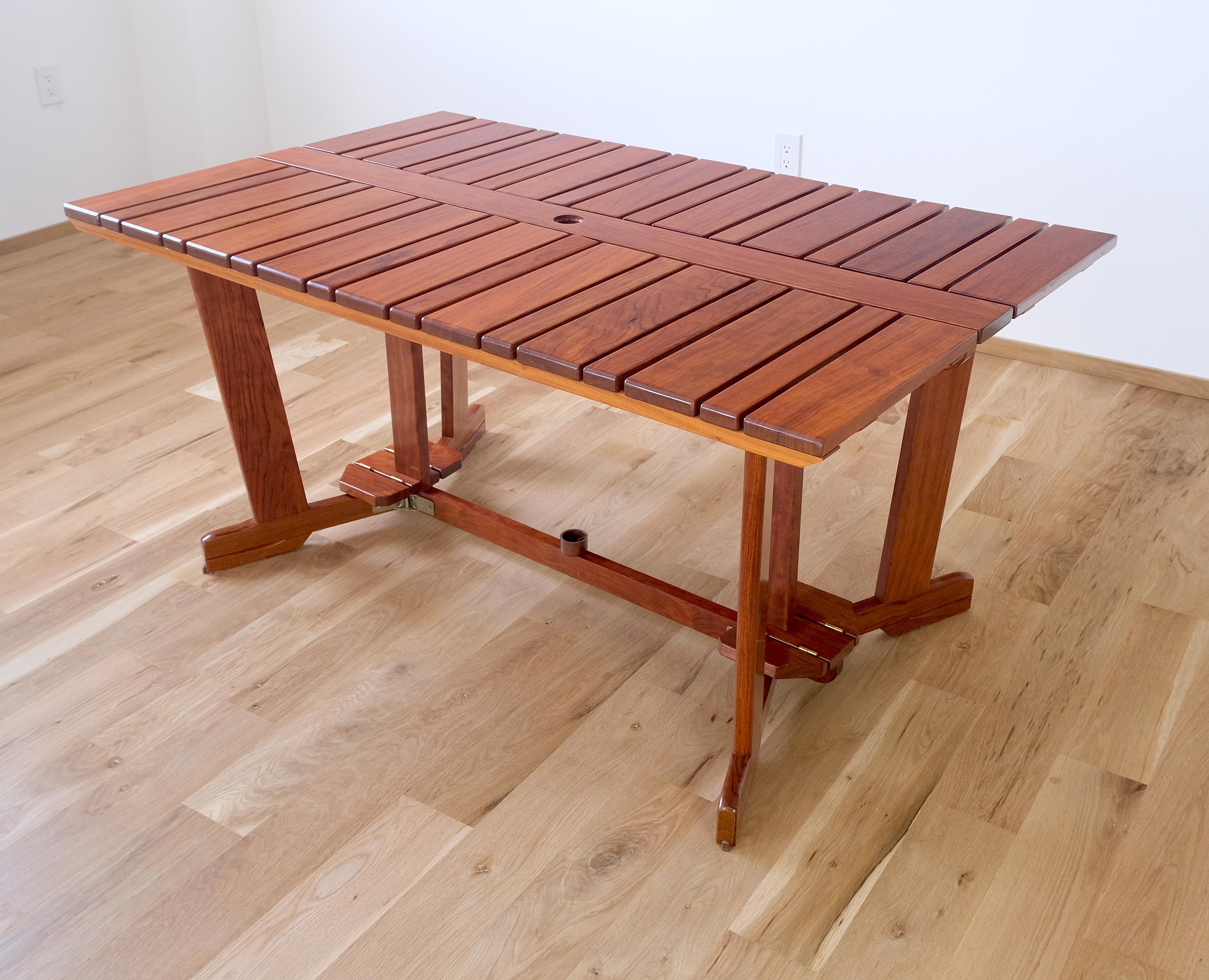 Tricomfort Made in France SOLID Rosewood Adjustable Chairs Folding Table Outdoor Set MINT! 
It is just a phenomenal outdoor furniture set!

Chair Dimensions:
24in x 25in x 39in seat height: 20in
Table Dimensions:
35in x 57in x 28in 
2 leaves 15in x