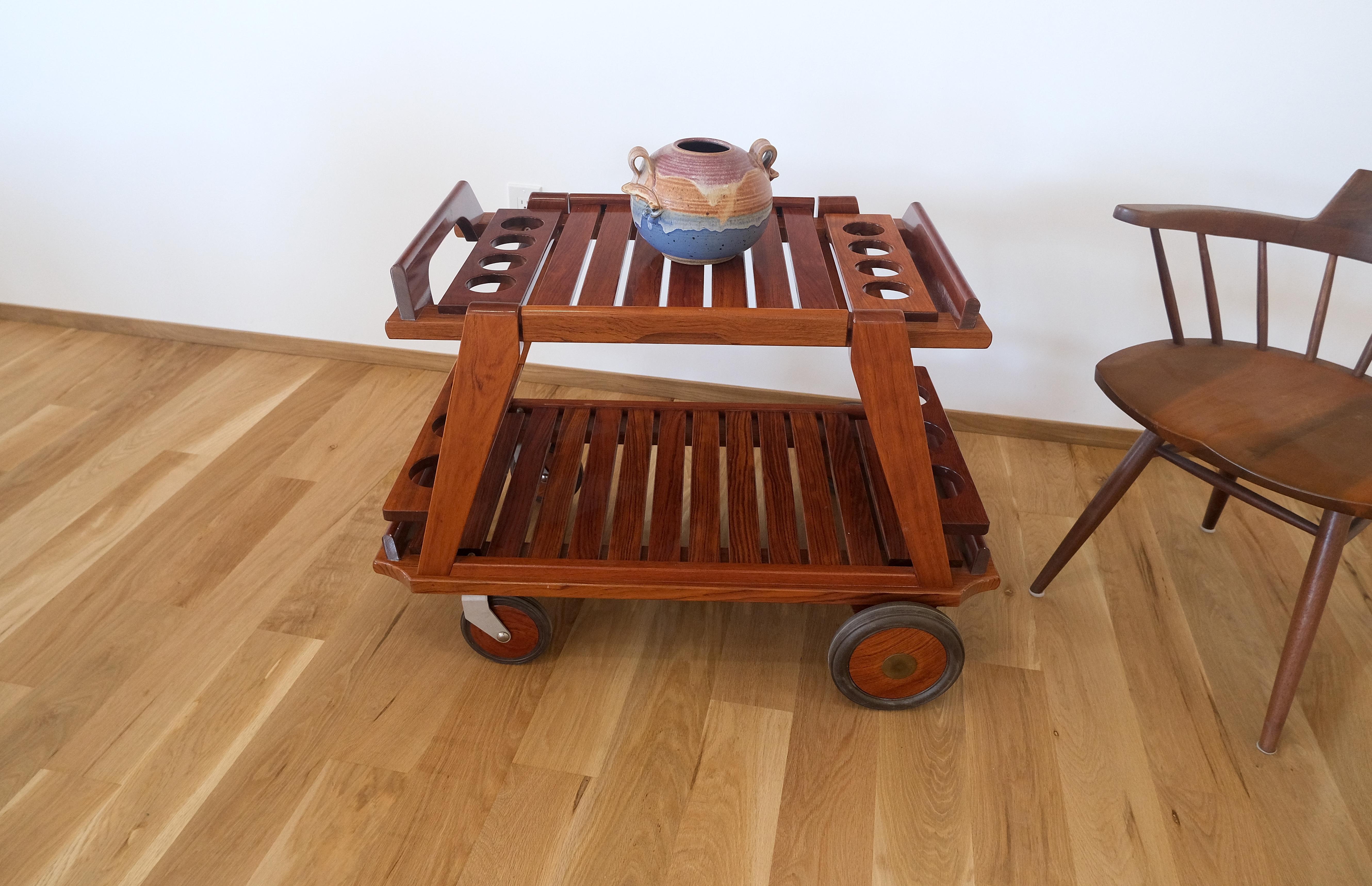 Tricomfort Solid Rosewood Large Wheel Outdoor Indoor Serving Cart Made in France For Sale 3