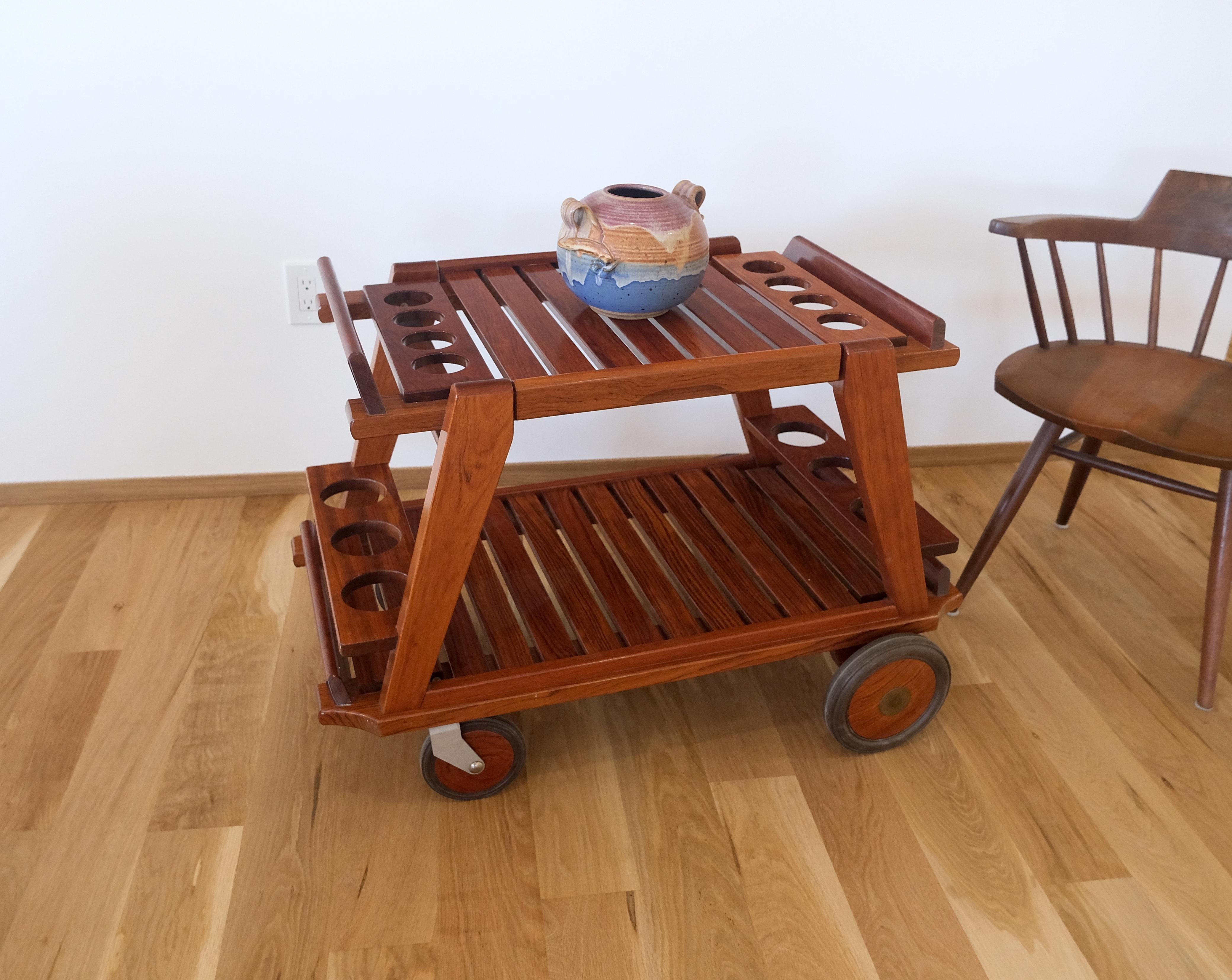 Tricomfort Solid Rosewood Large Wheel Outdoor Indoor Serving Cart Made in France For Sale 5