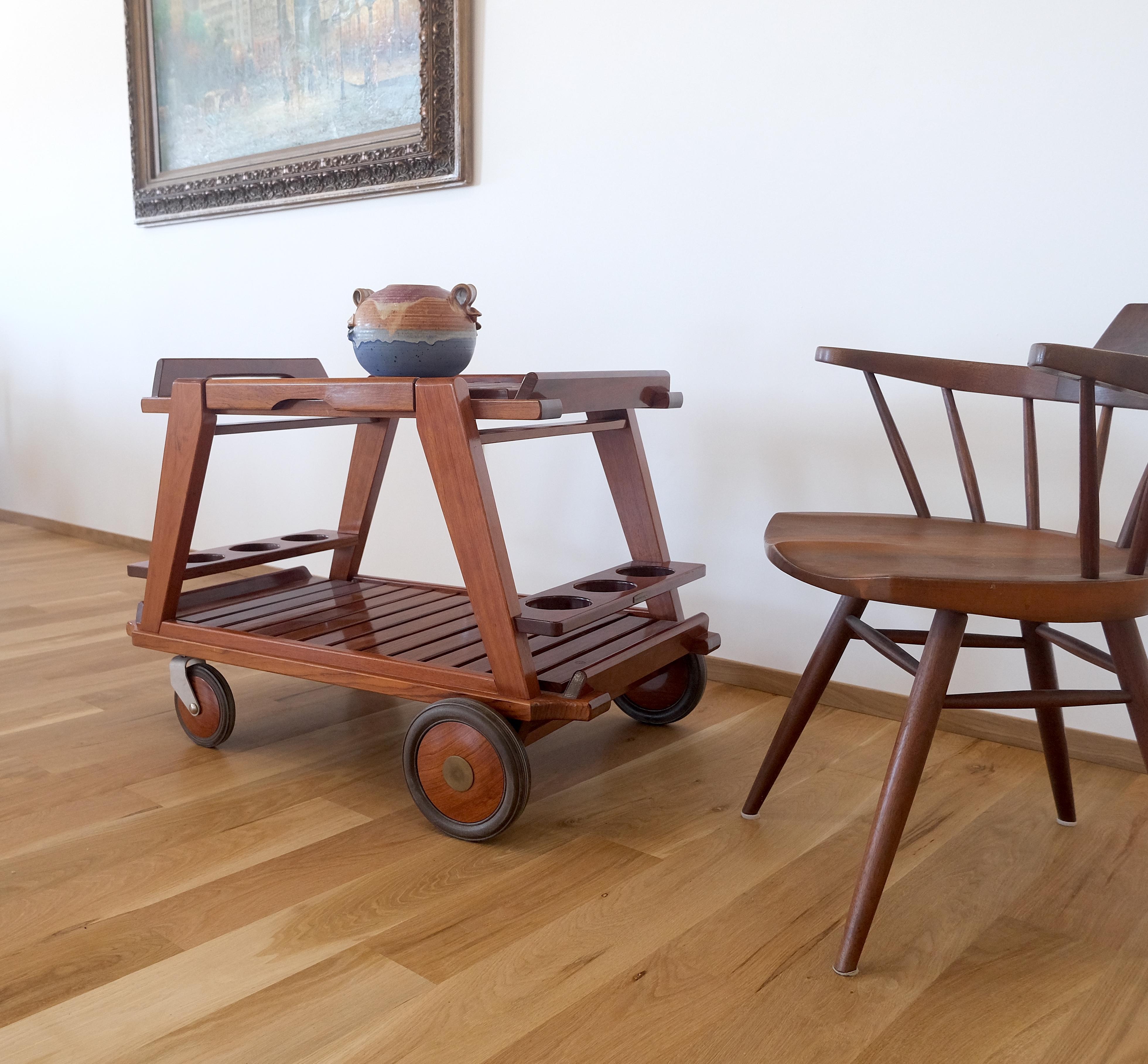 Tricomfort Solid Rosewood Large Wheel Outdoor Indoor Serving Cart Made in France For Sale 6