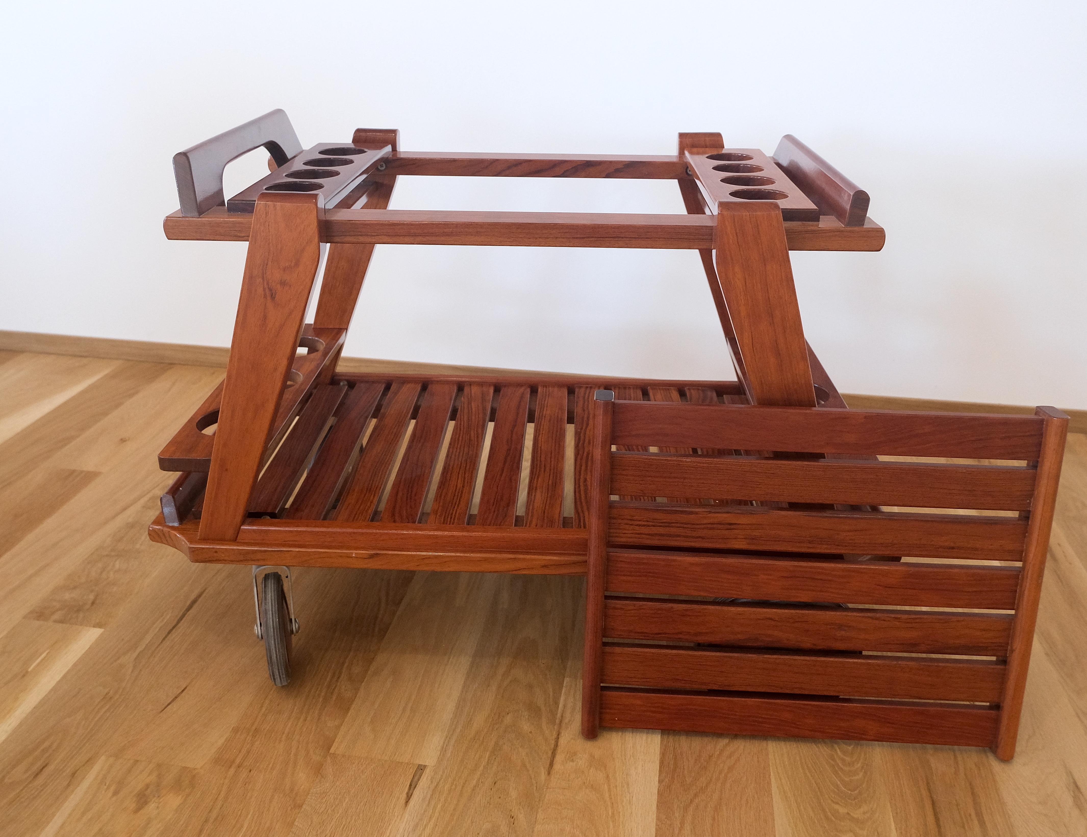 Mid-Century Modern Tricomfort Solid Rosewood Large Wheel Outdoor Indoor Serving Cart Made in France For Sale