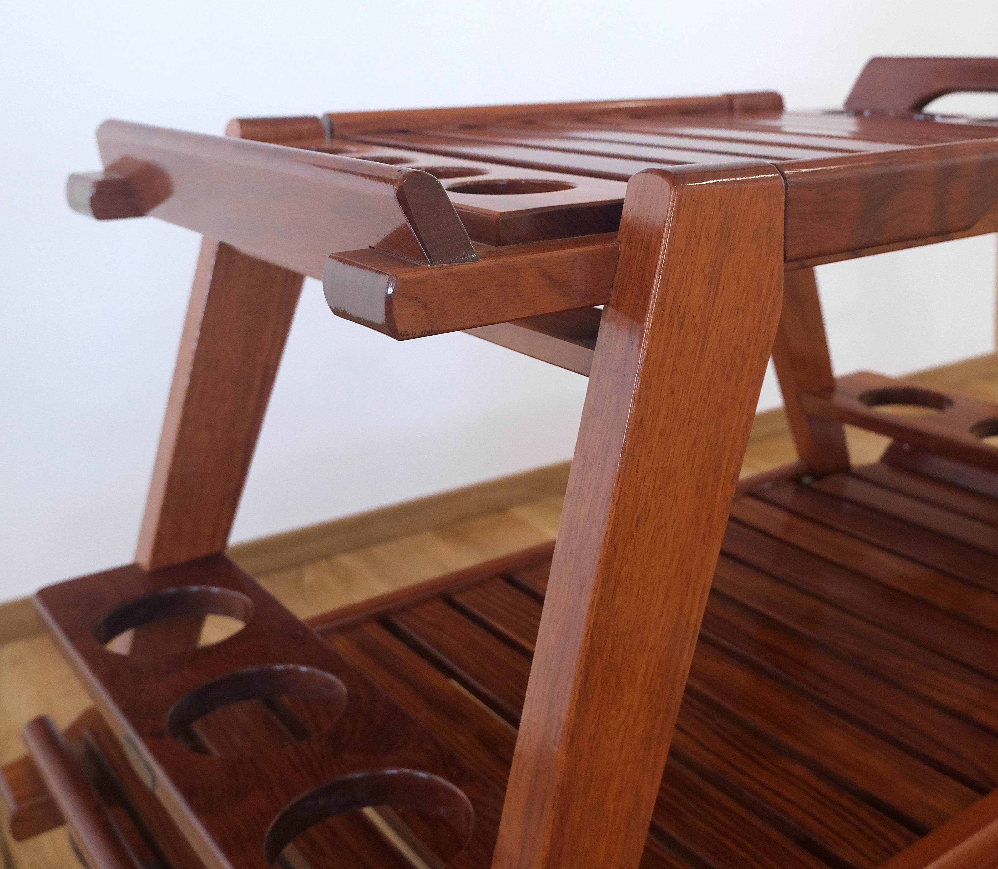 French Tricomfort Solid Rosewood Large Wheel Outdoor Indoor Serving Cart Made in France For Sale