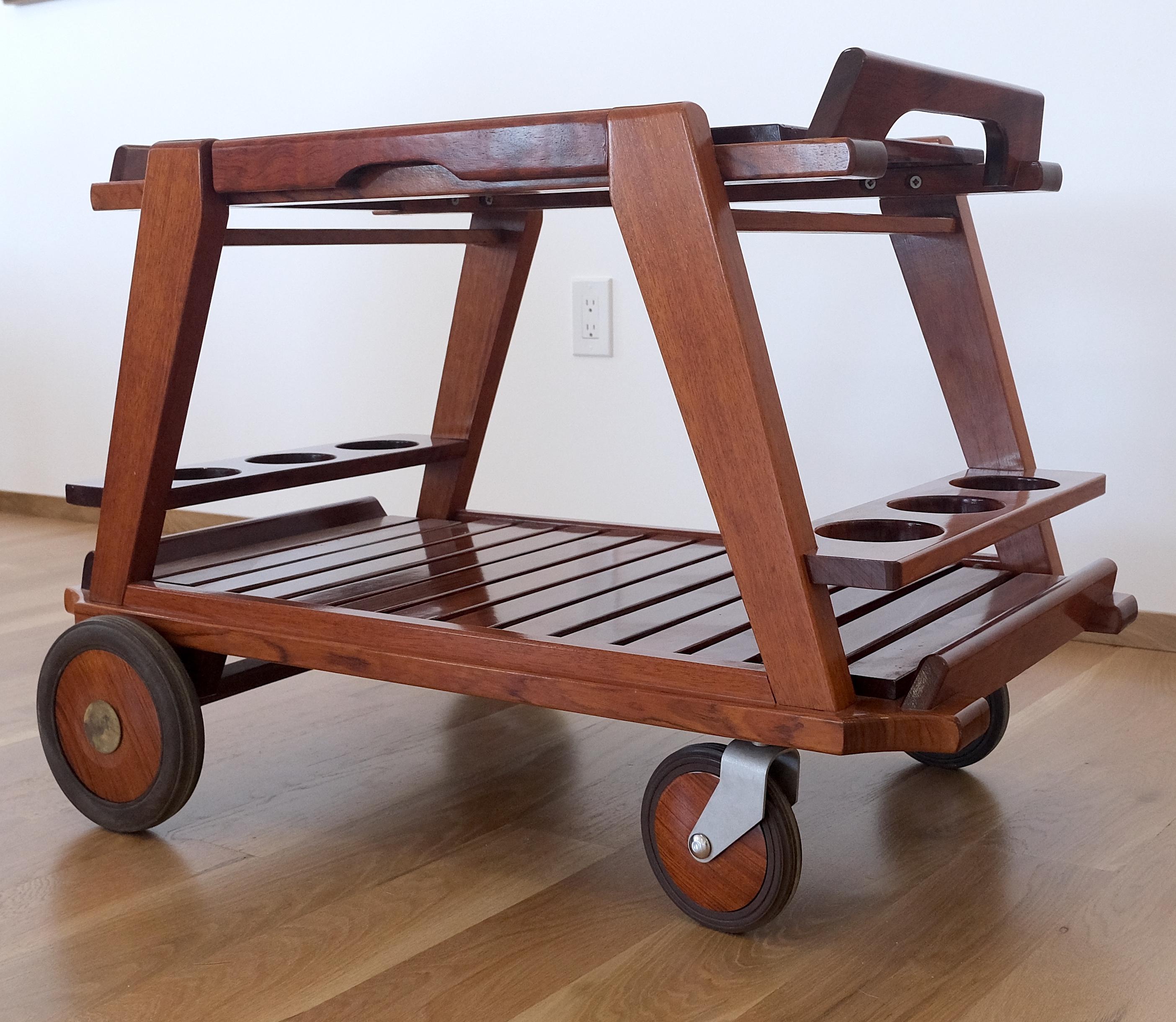 Lacquered Tricomfort Solid Rosewood Large Wheel Outdoor Indoor Serving Cart Made in France For Sale
