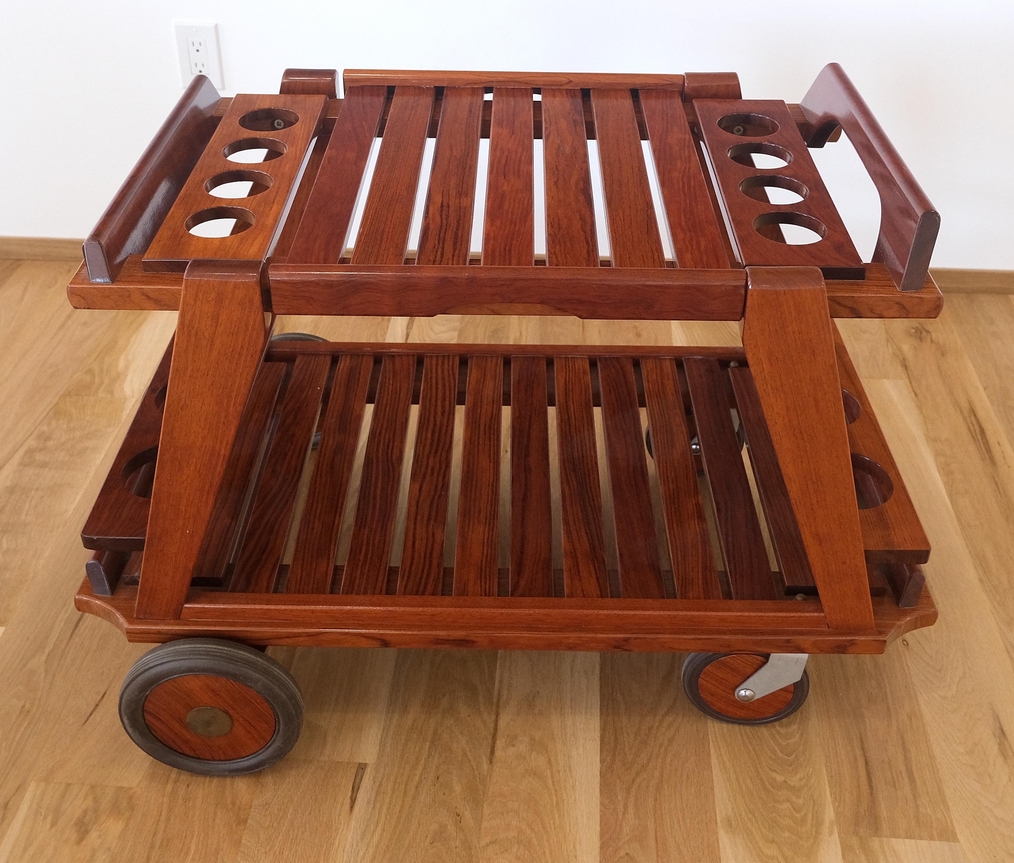 20th Century Tricomfort Solid Rosewood Large Wheel Outdoor Indoor Serving Cart Made in France For Sale