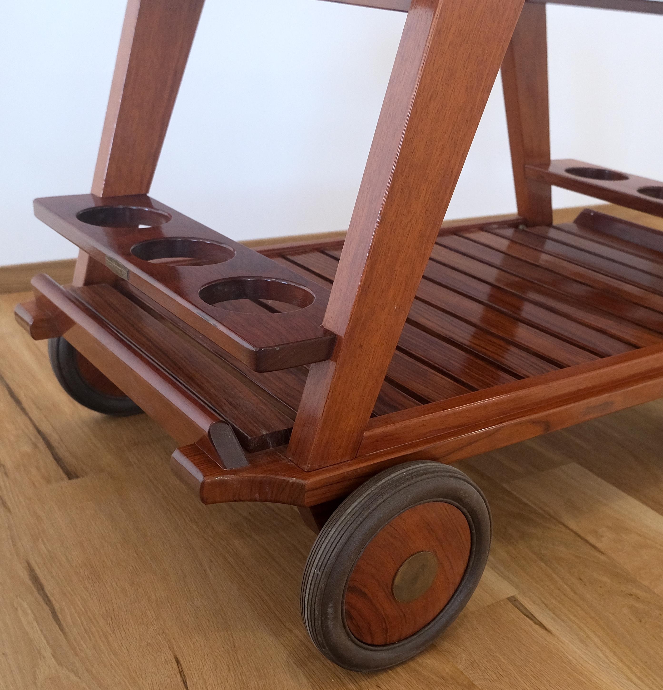 Tricomfort Solid Rosewood Large Wheel Outdoor Indoor Serving Cart Made in France For Sale 1