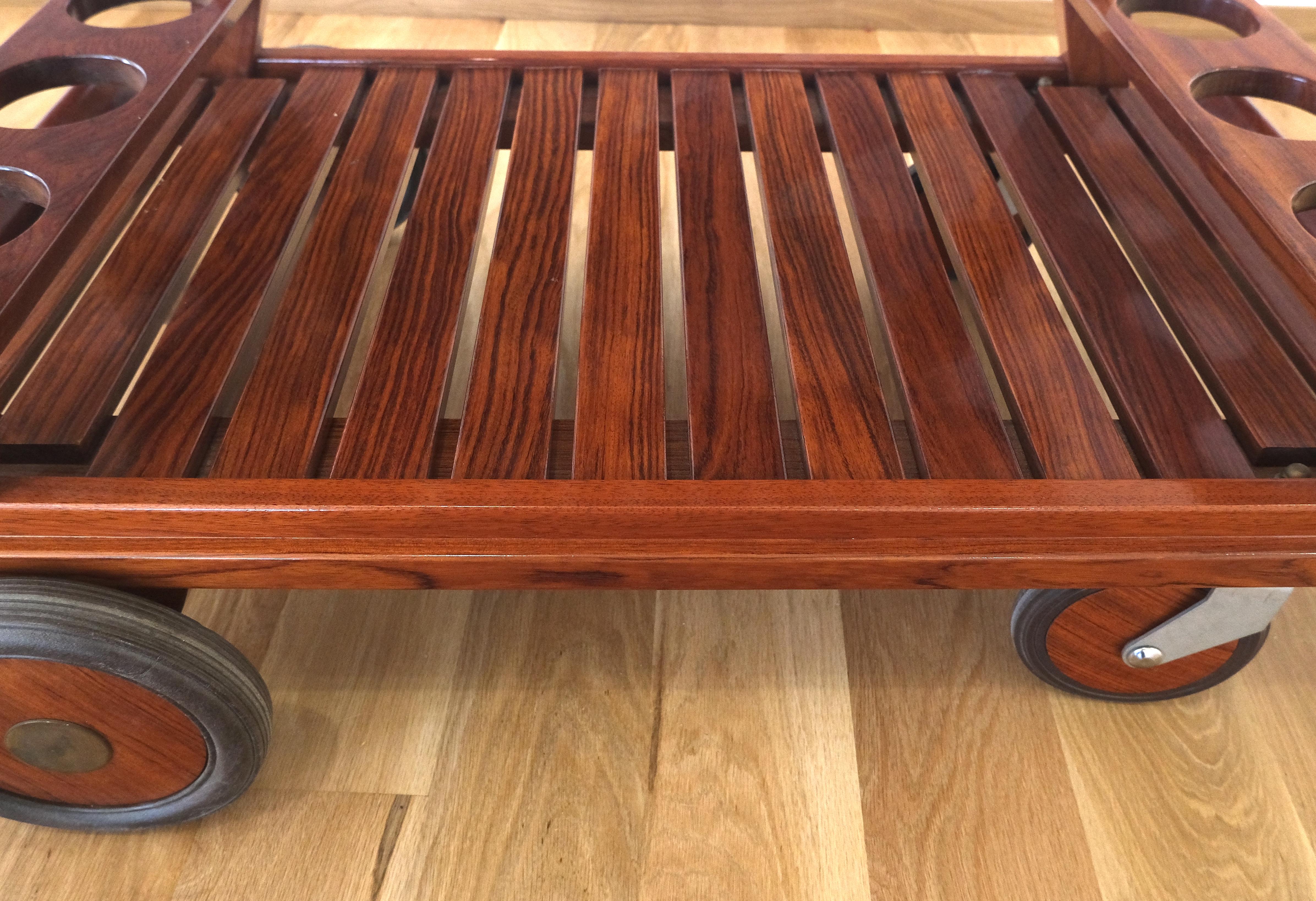 Tricomfort Solid Rosewood Large Wheel Outdoor Indoor Serving Cart Made in France For Sale 2