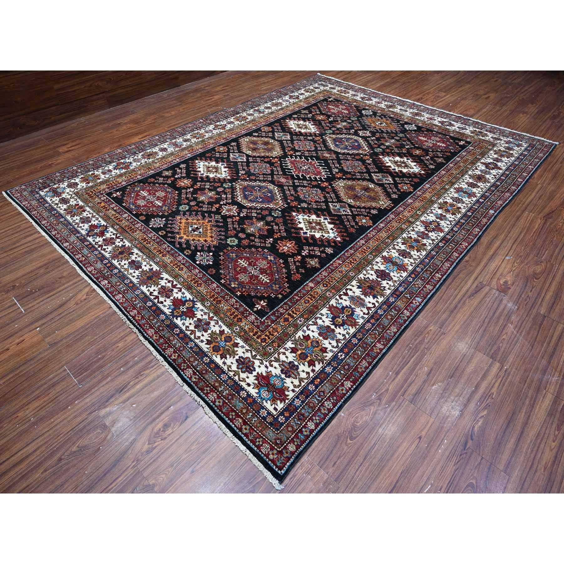 Afghan Tricorn Black Super Kazak Medallion Hand Knotted Wool Oriental Rug 9'1