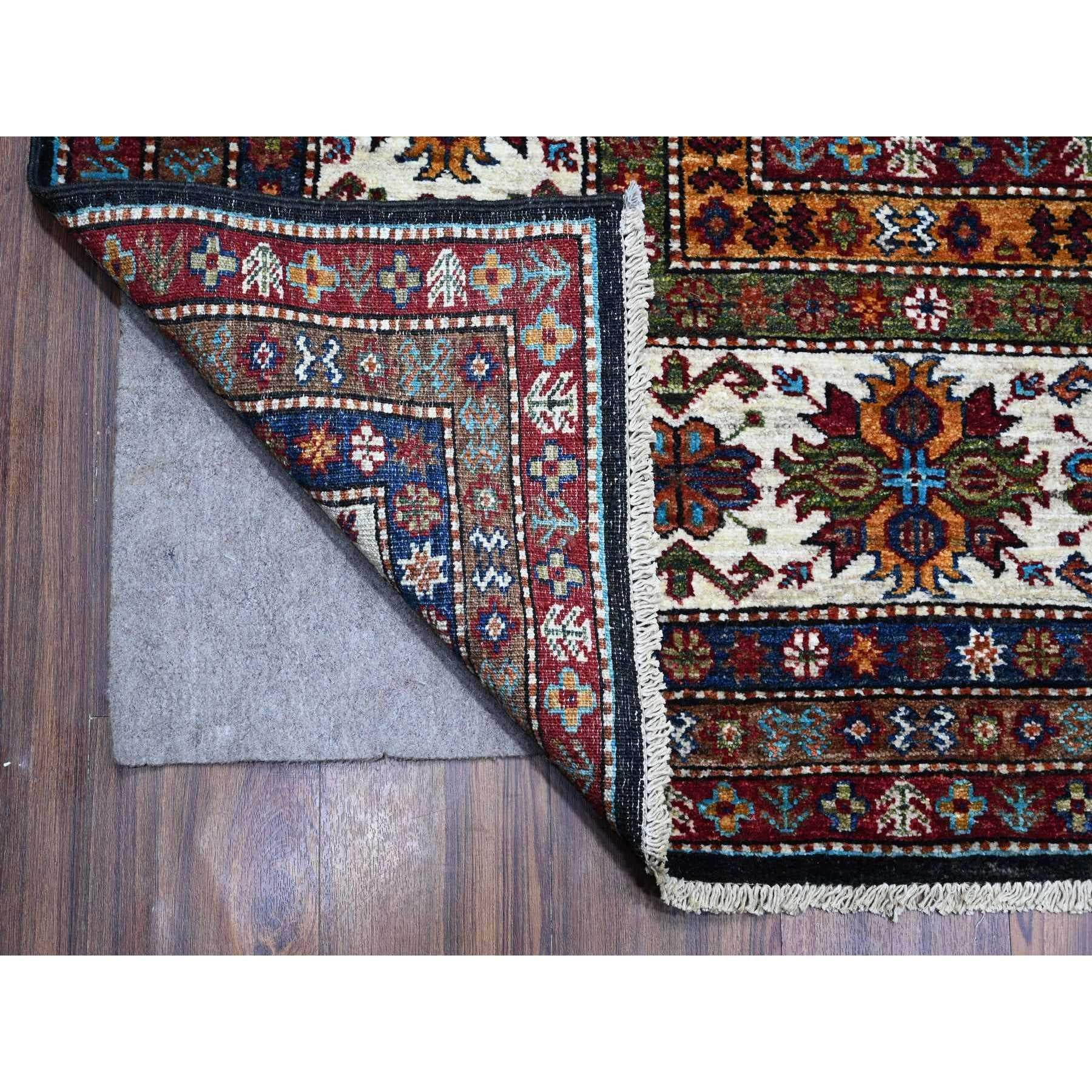 Hand-Knotted Tricorn Black Super Kazak Medallion Hand Knotted Wool Oriental Rug 9'1