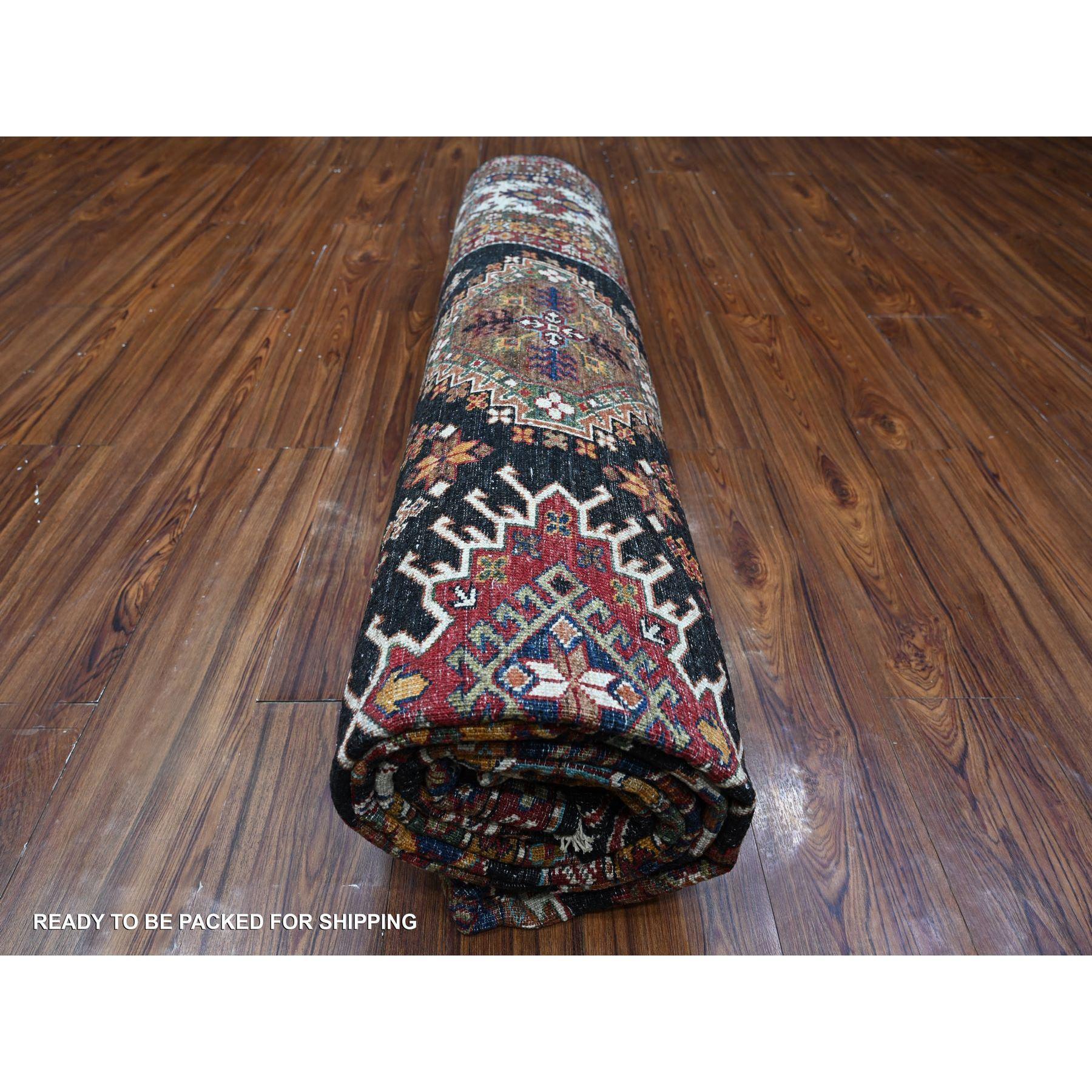 Tricorn Black Super Kazak Medallion Hand Knotted Wool Oriental Rug 9'1