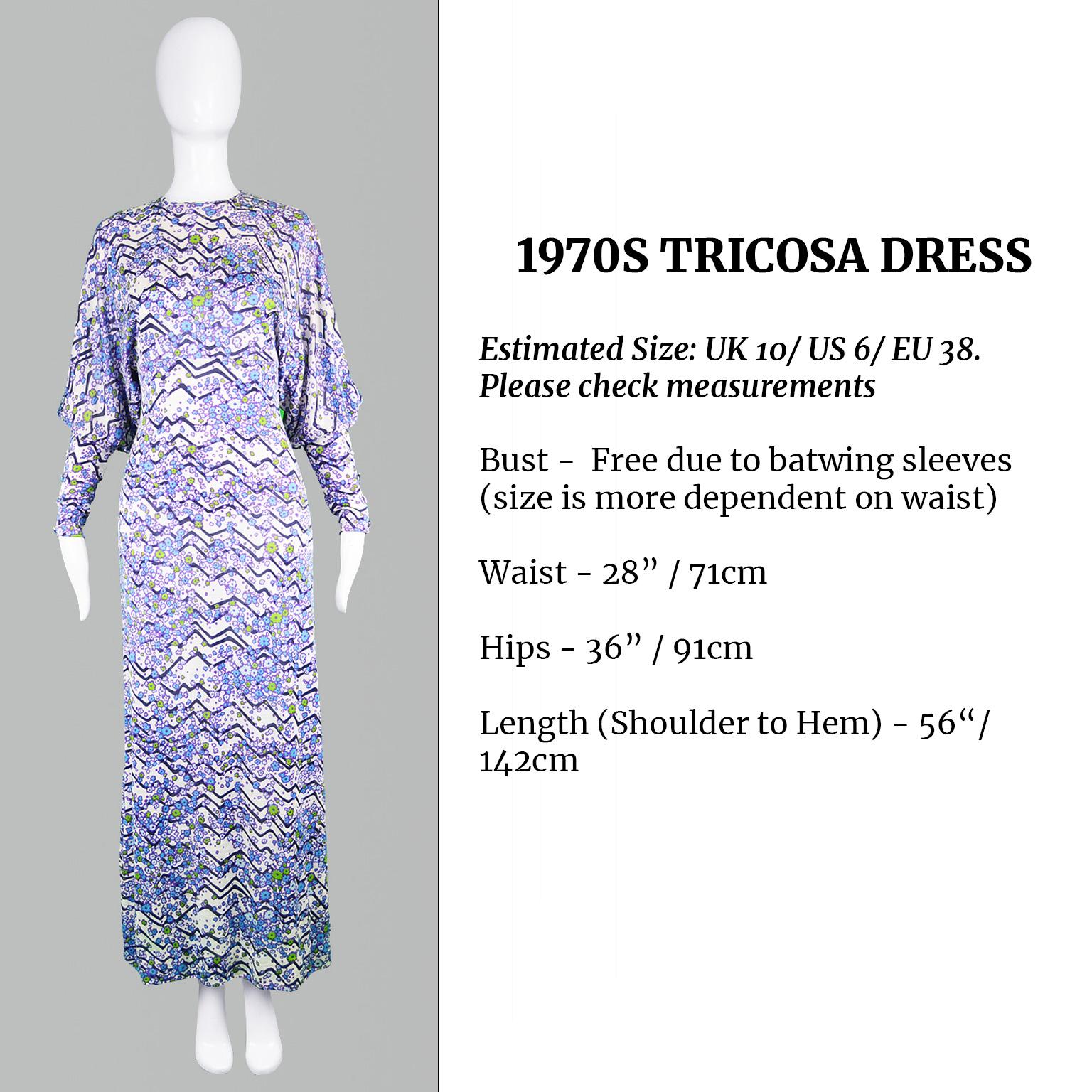 Tricosa Paris Vintage Dolman Sleeve White Jersey Floral Maxi Dress, 1970s 3