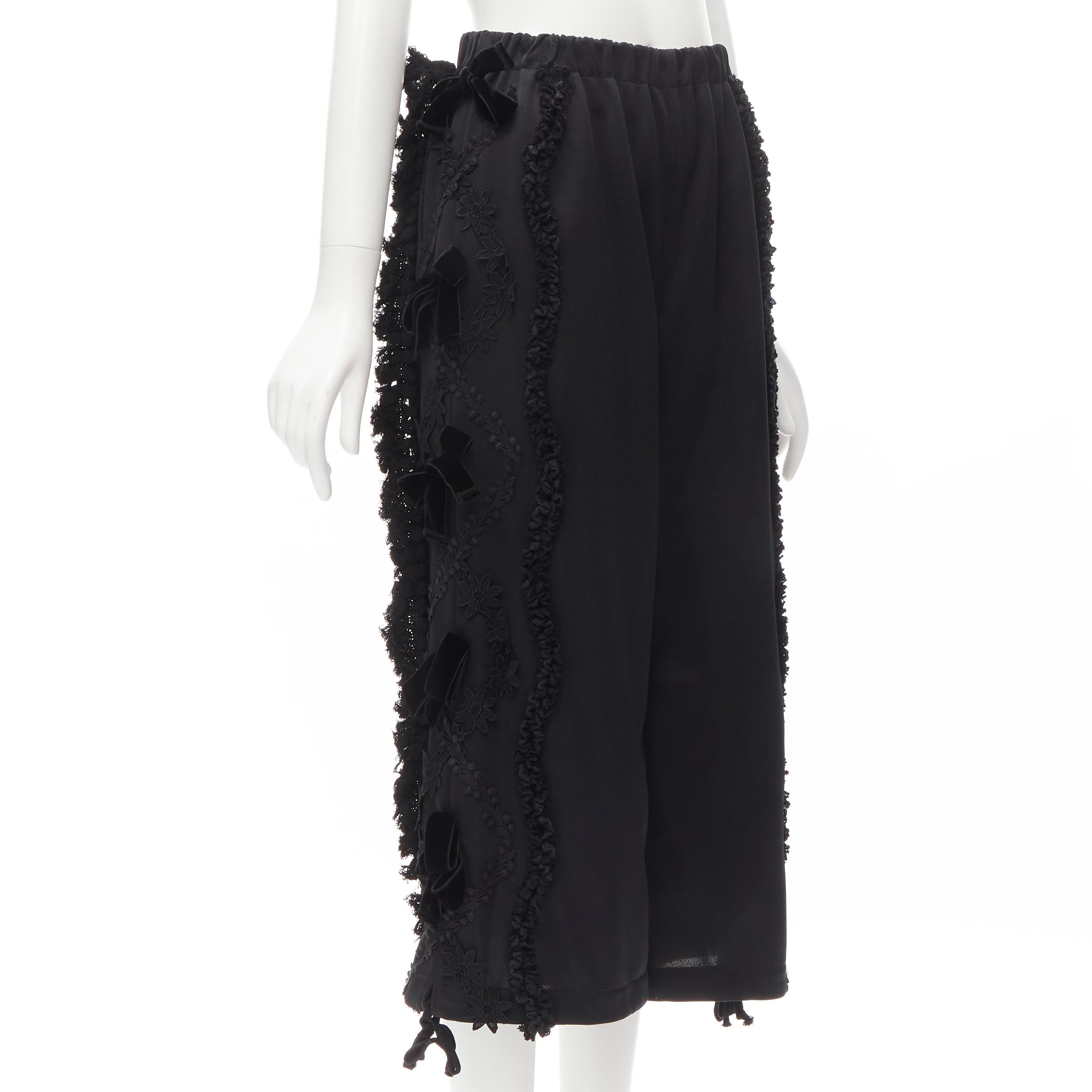 Black TRICOT COMME DES GARCONS black ruffle floral velvet ribbon trim wide pants S For Sale
