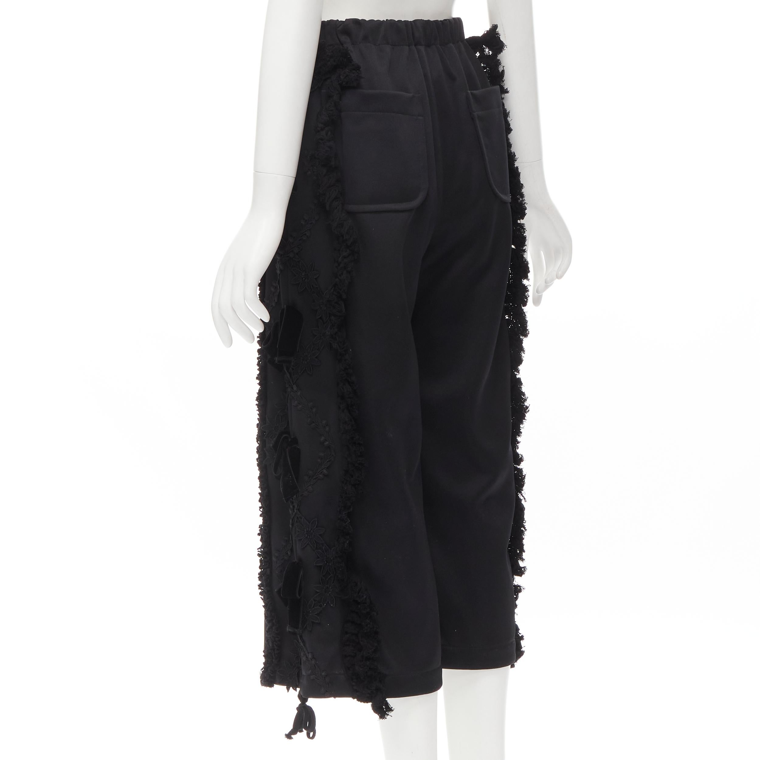 TRICOT COMME DES GARCONS black ruffle floral velvet ribbon trim wide pants S For Sale 3