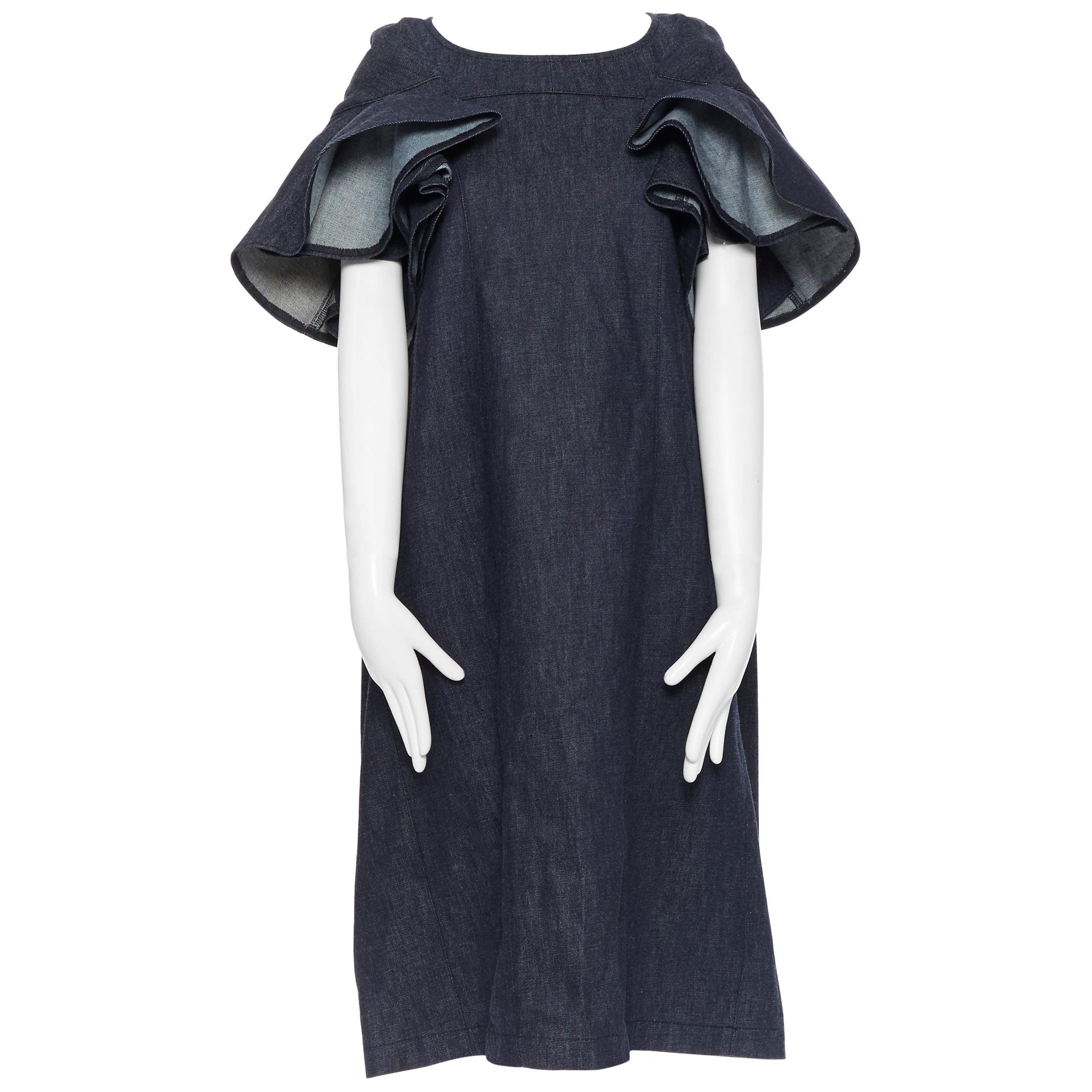 TRICOT COMME DES GARCONS dark indigo blue denim ruffle sleeve casual dress S