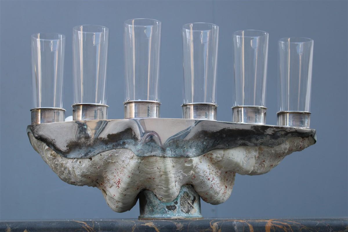 Mid-Century Modern Tridacna Shell With Champagne Glasses Oysters Gabriella Binazzi 1970 For Sale