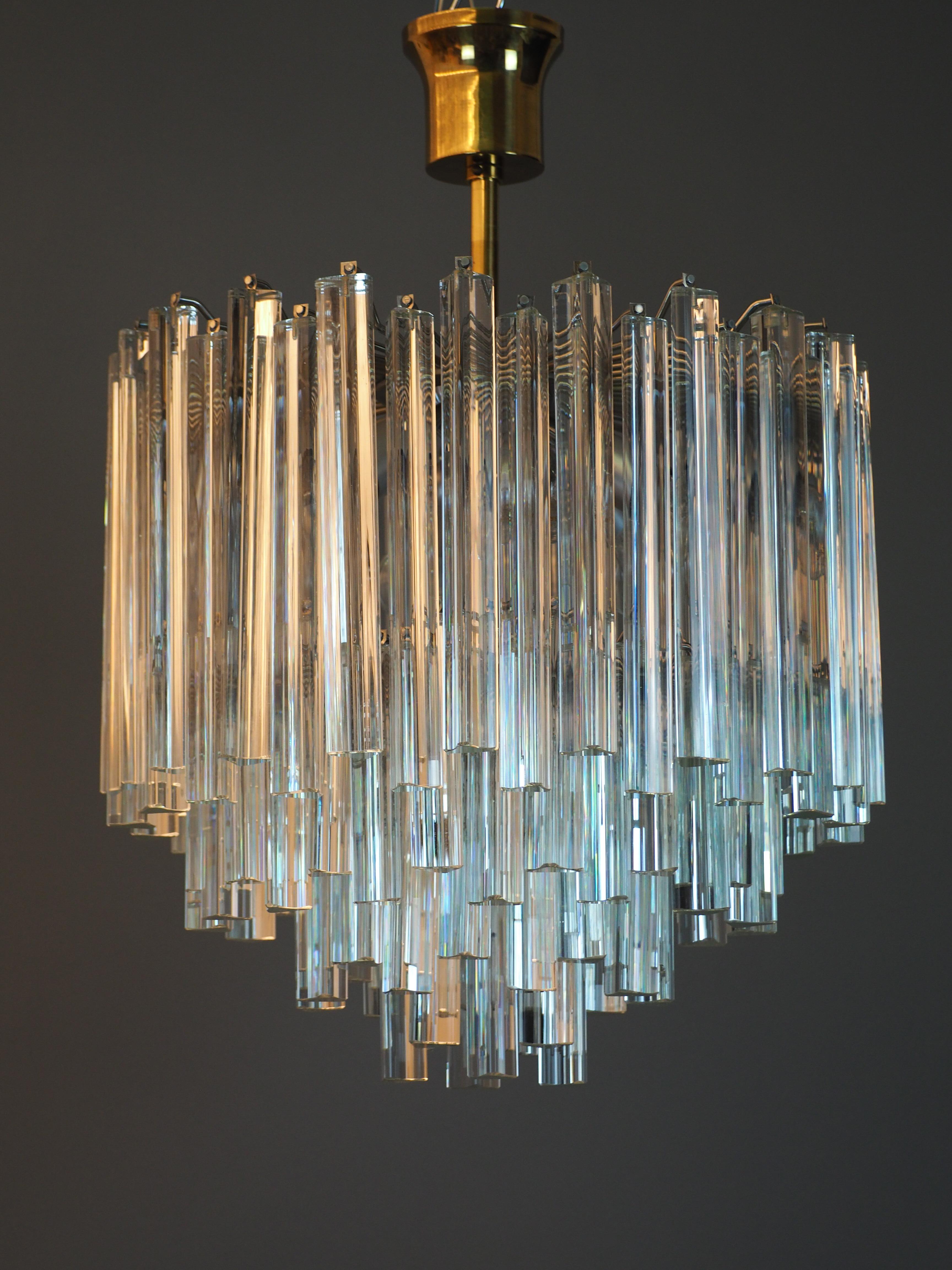 Metal Triedri Murano Glass and Brass Chandelier Attributed to Venini, Italy, 1960s For Sale