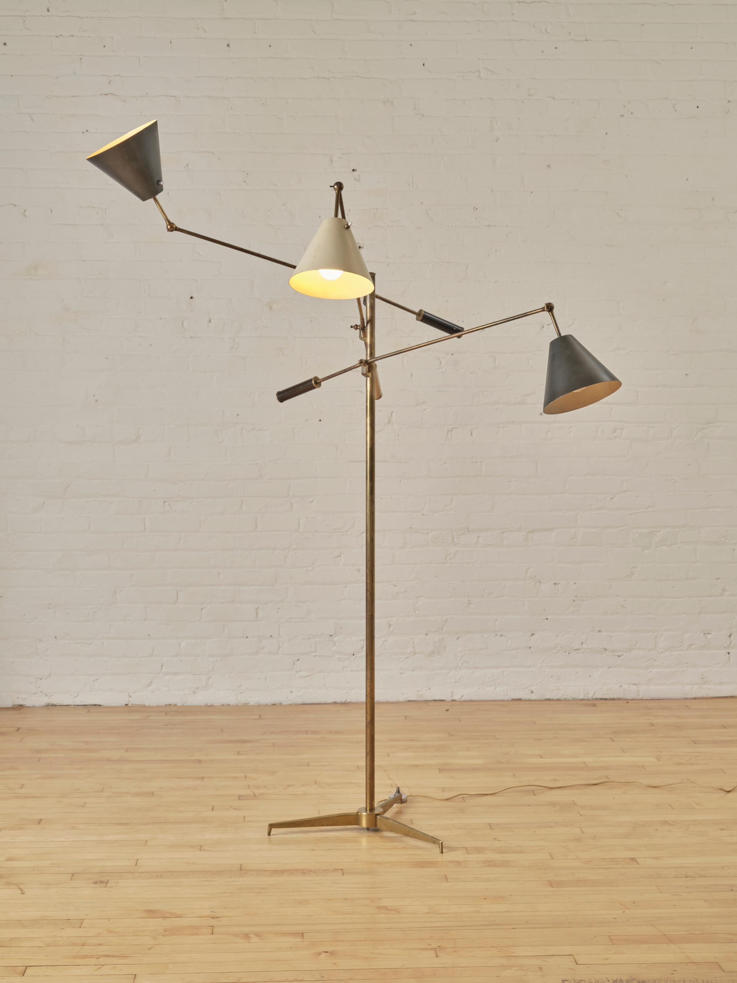 Triennale Floor Lamp by Angelo Lelli  for Arredoluce with three articulated arms and conical enamel shades.  Marked 