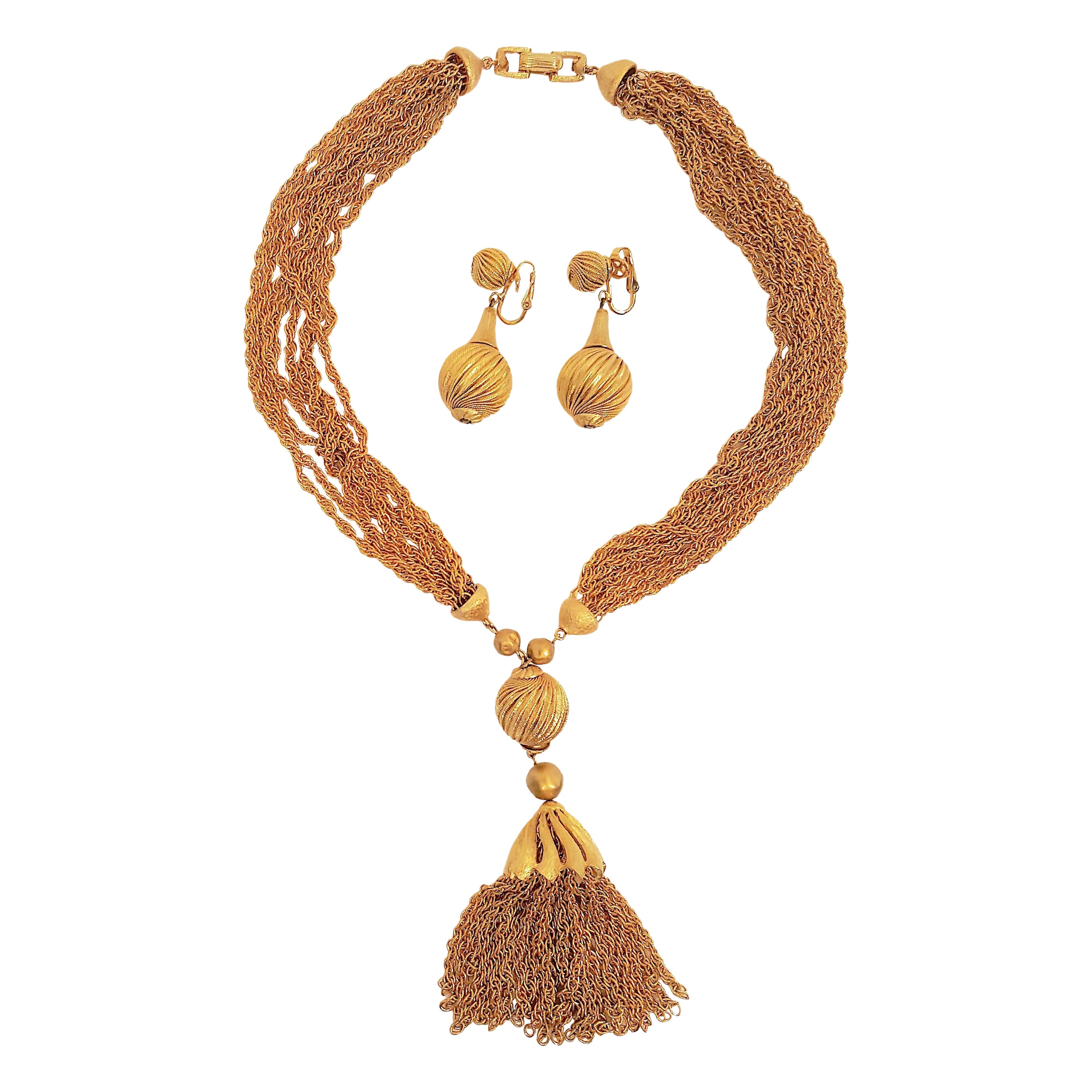 Trifari 1930s Philippe YellowGold HeavyChain Tassel Sautoir Textural Demi Parure