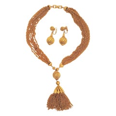 Trifari 1930s Philippe YellowGold HeavyChain Tassel Sautoir Textural Demi Parure