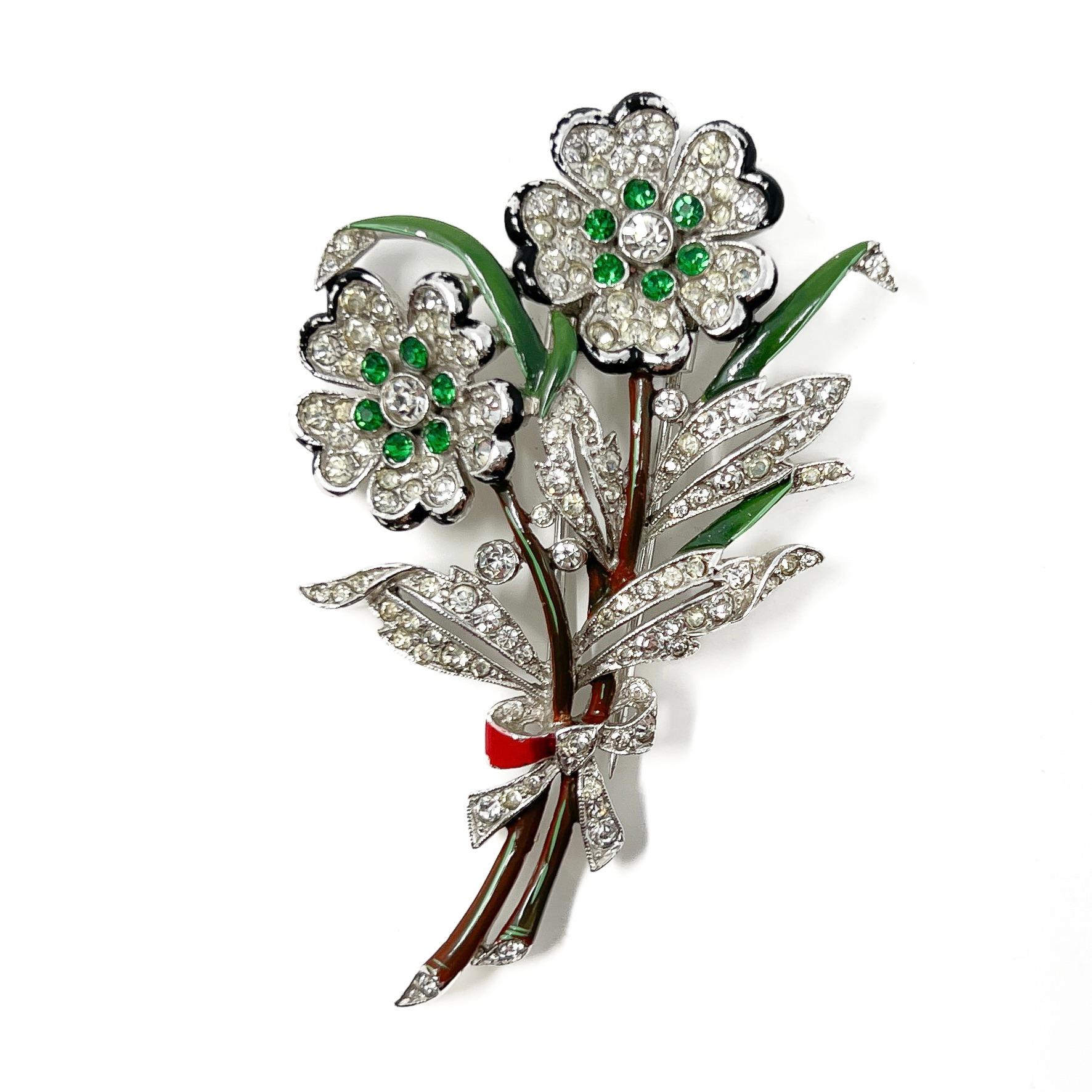 Women's Trifari 1940s Enamel and Rhinestone Floral Fur Clip For Sale