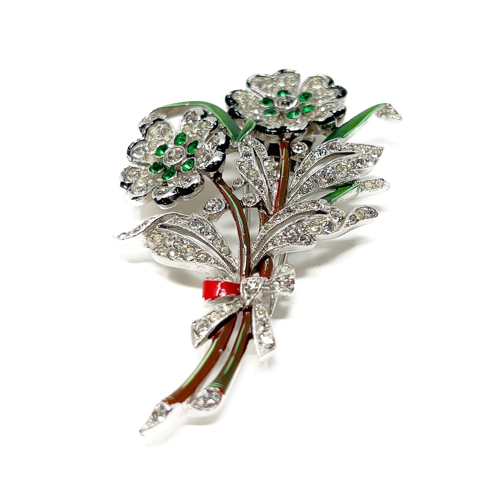 Trifari 1940s Enamel and Rhinestone Floral Fur Clip For Sale 1