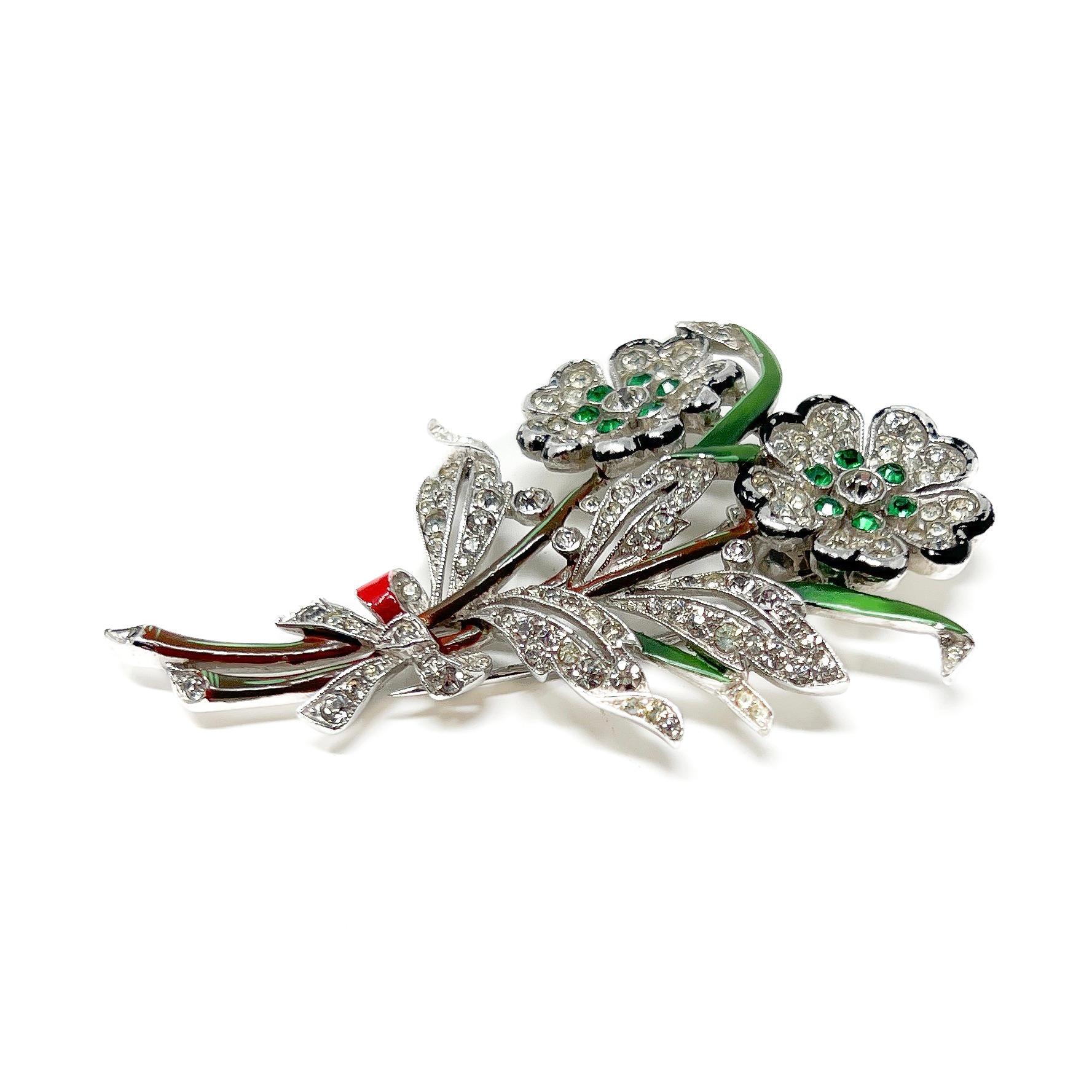 Trifari 1940s Enamel and Rhinestone Floral Fur Clip For Sale 2