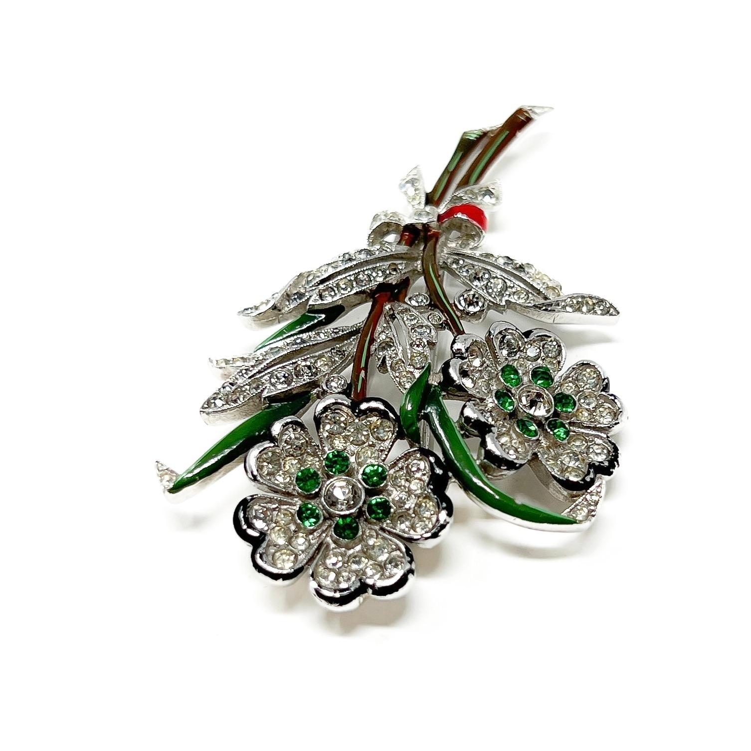 Trifari 1940s Enamel and Rhinestone Floral Fur Clip For Sale 3