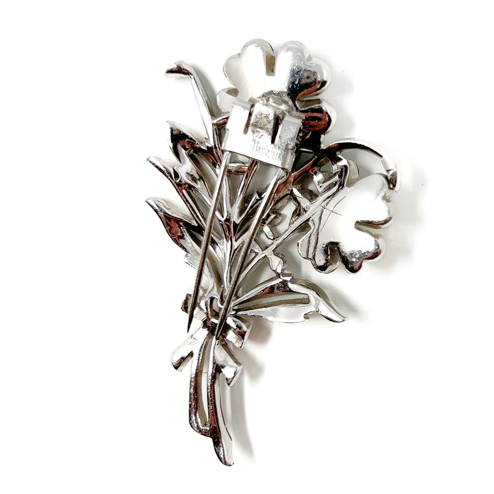 Trifari 1940s Enamel and Rhinestone Floral Fur Clip For Sale 4